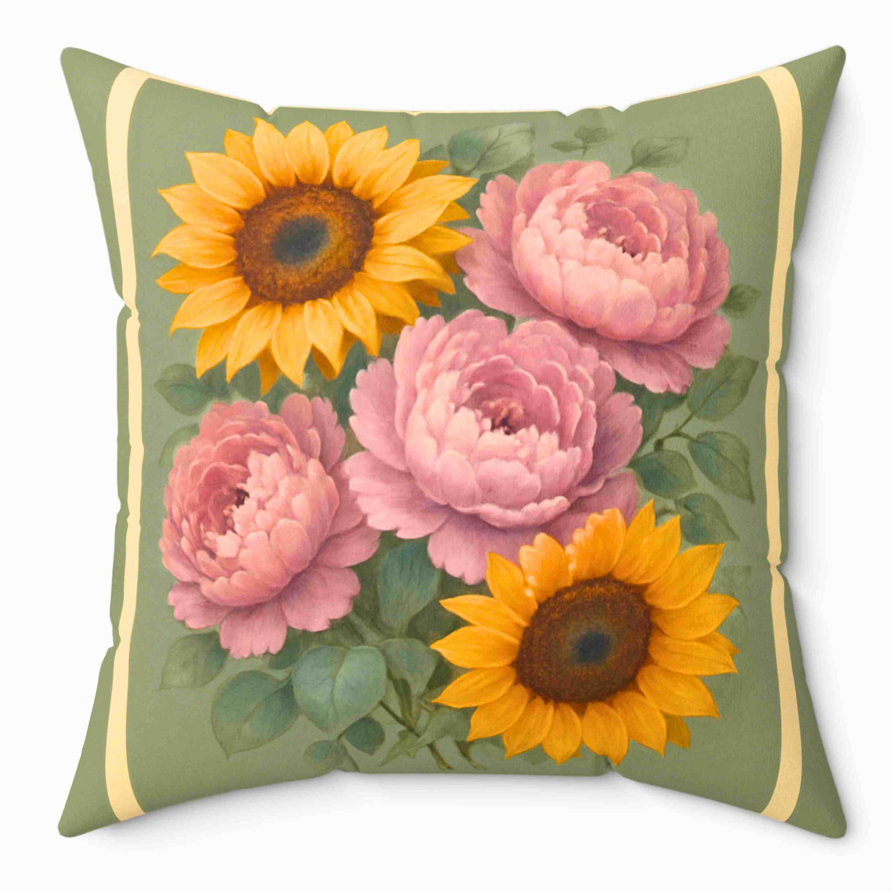 Soft Green Peony &amp; Sunflower Throw Pillow with Insert – Pale Pink Peonies Double-Sided Romantic Cottage Farmhouse Floral Cushion product thumbnail image
