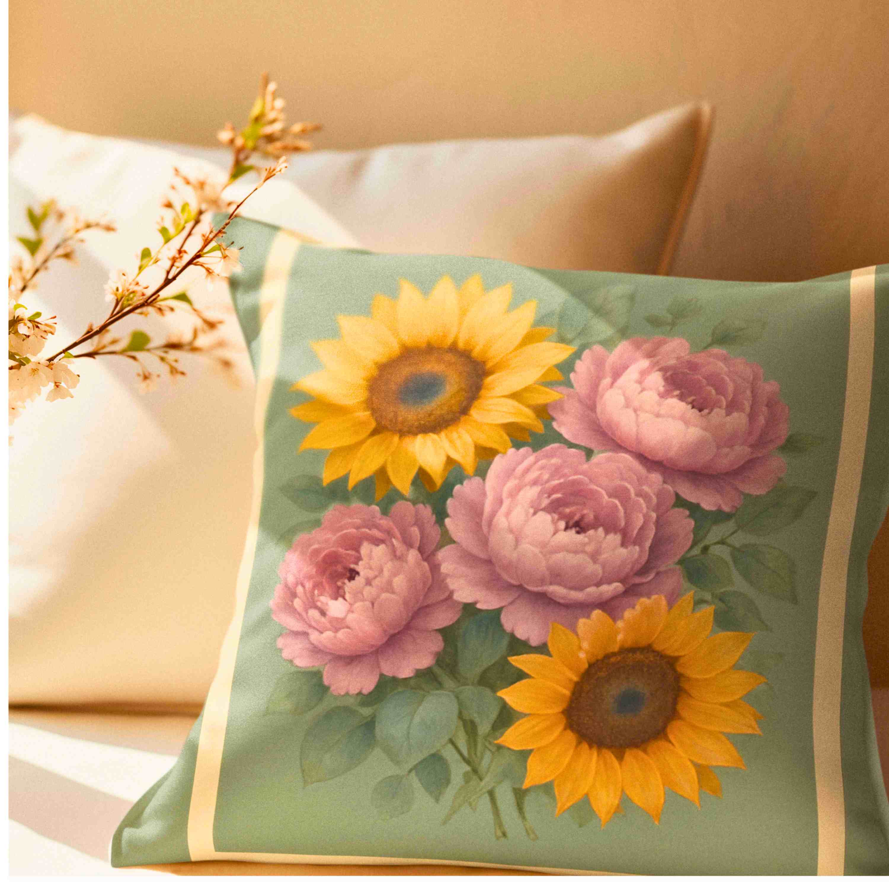 Soft Green Peony &amp; Sunflower Throw Pillow with Insert – Pale Pink Peonies Double-Sided Romantic Cottage Farmhouse Floral Cushion product thumbnail image