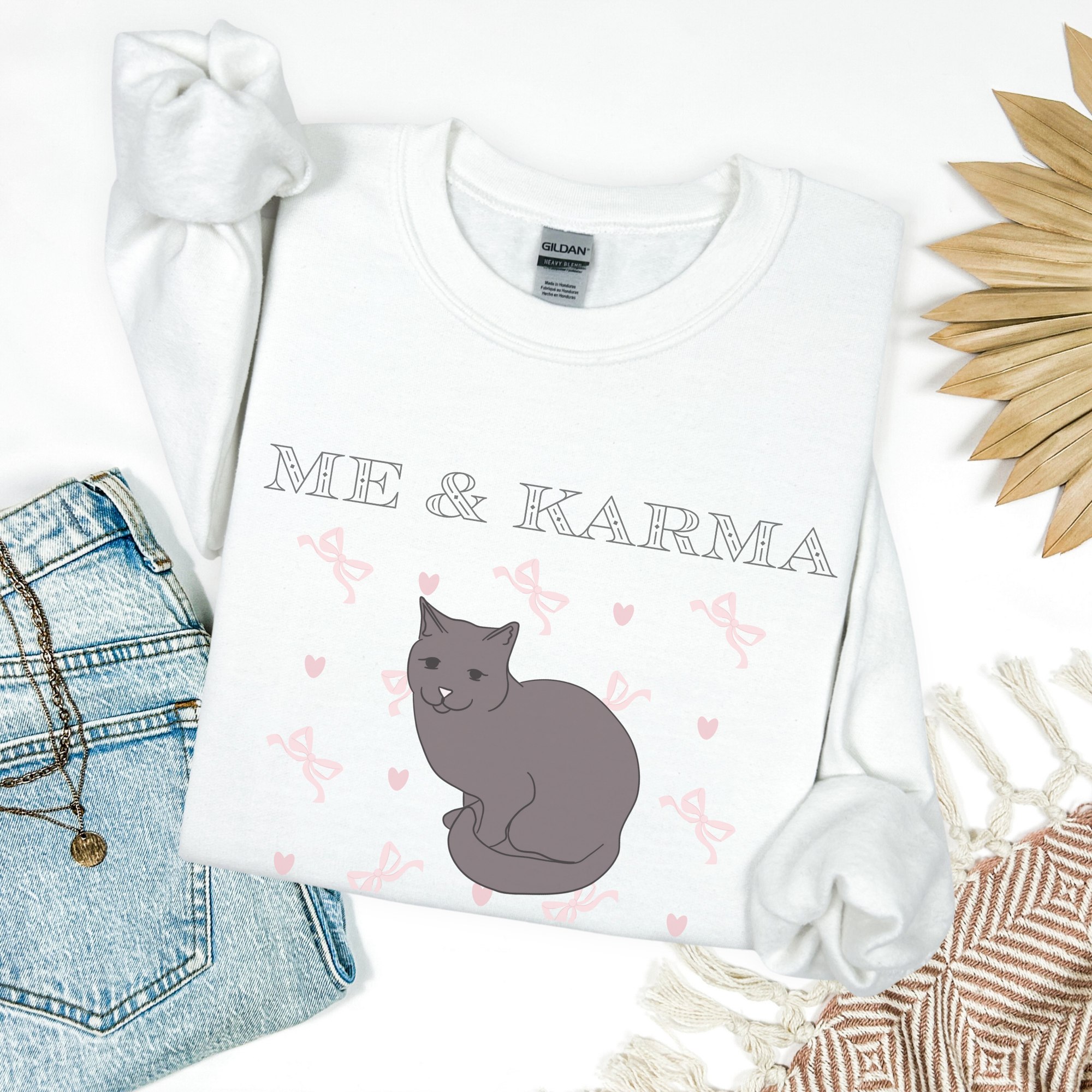 Black Cat Karma Sweatshirt | Cozy Unisex Crewneck for Cat Lovers, Cute Gift for Holidays, Casual Style, Me & Karma Design product thumbnail image Black Cat Karma Sweatshirt | Cozy Unisex Crewneck for Cat Lovers, Cute Gift for Holidays, Casual Style, Me & Karma Design product thumbnail image