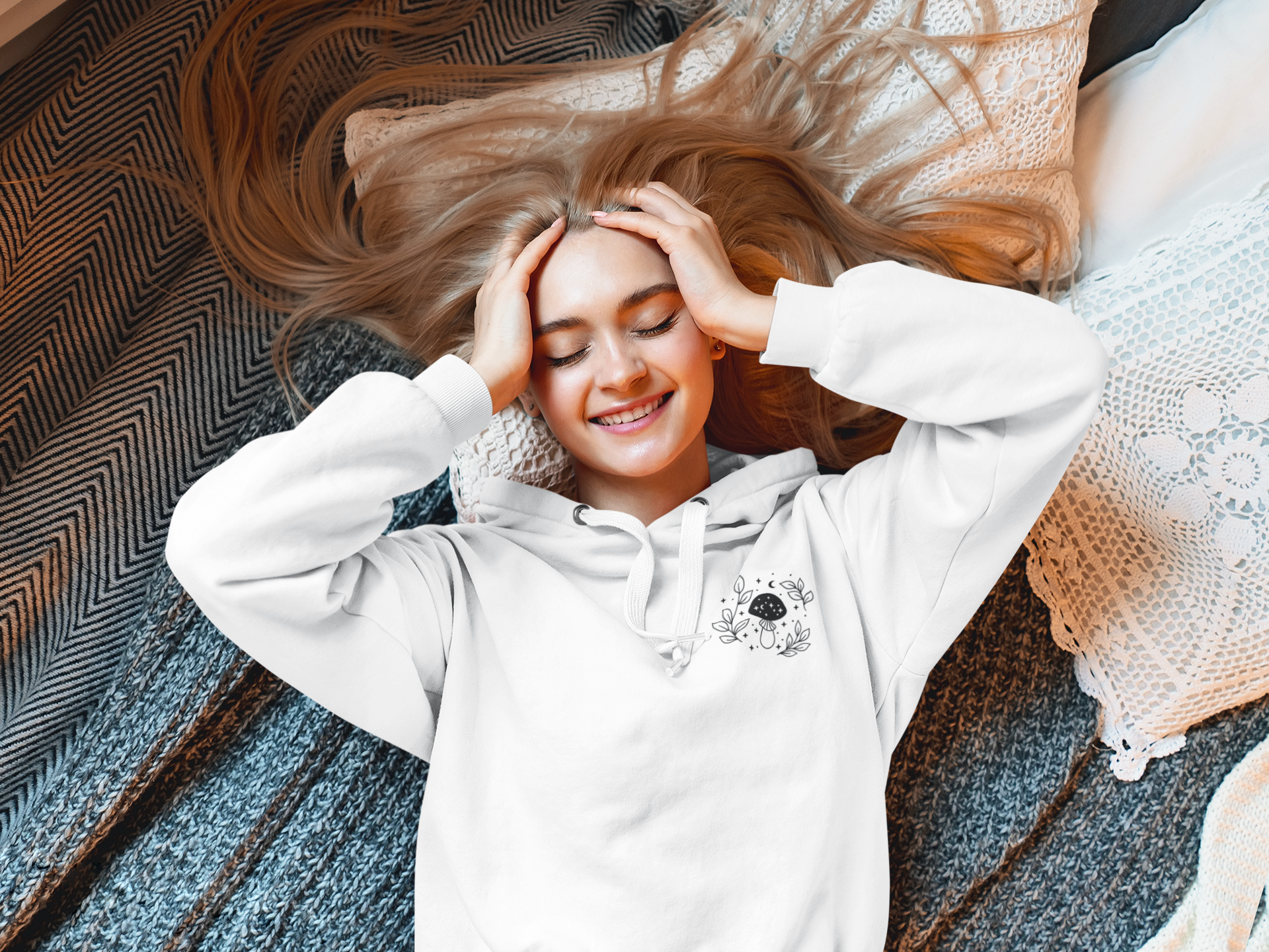 Mushroom Embroidered Hoodie - Black Stitch