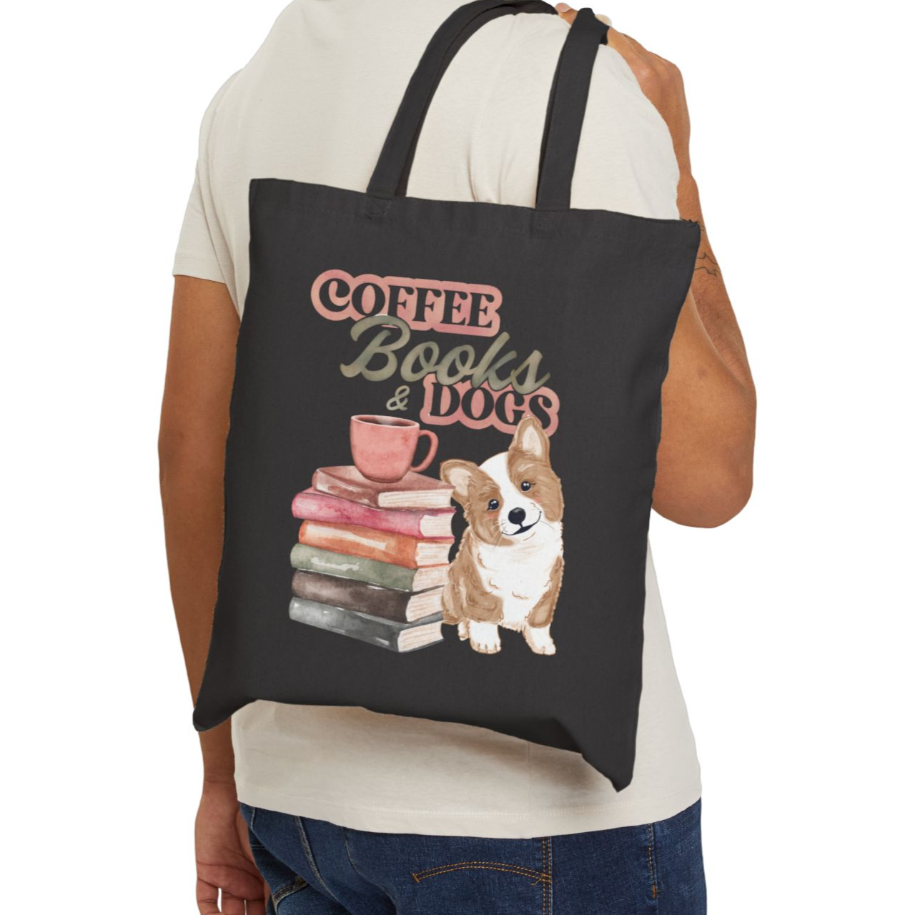 Coffee Books &amp; Dogs Cotton Canvas Tote Bag product thumbnail image
