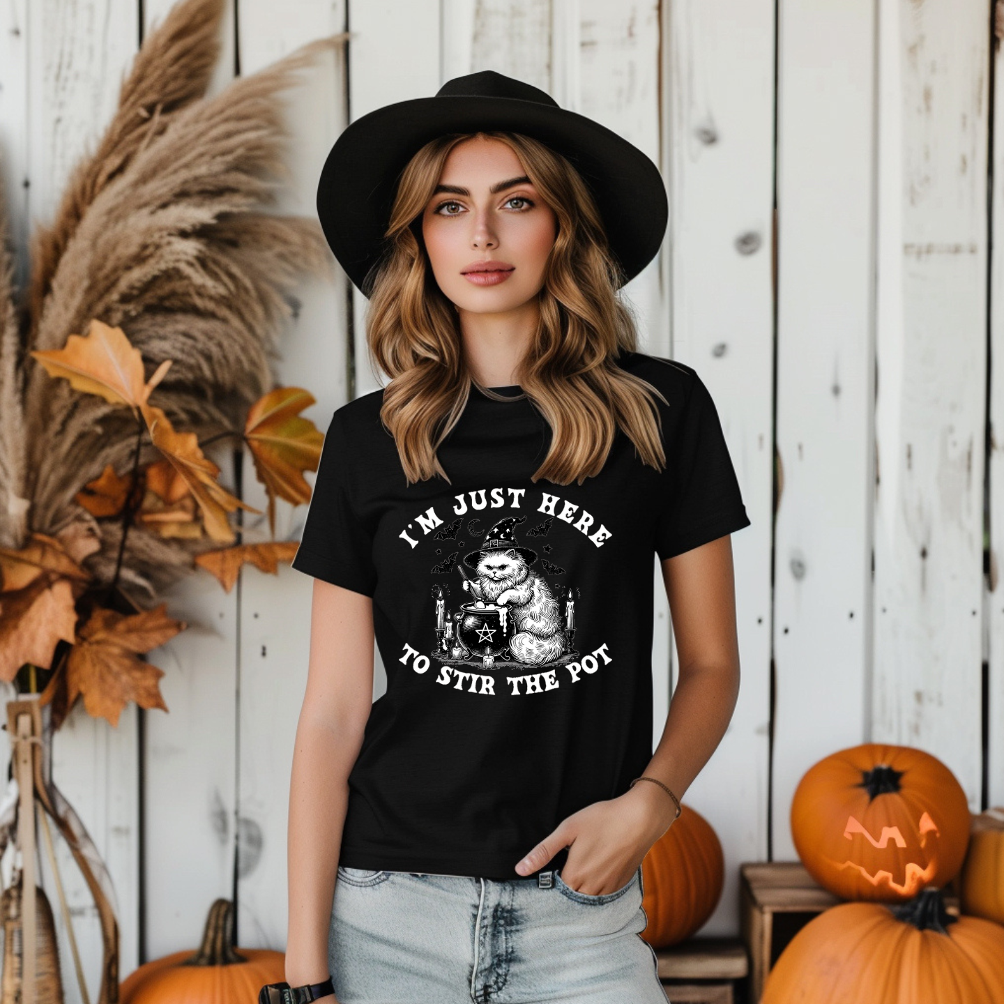 U.S. - Witchy Cat Tee with 'I'm Here to Stir the Pot' Quote