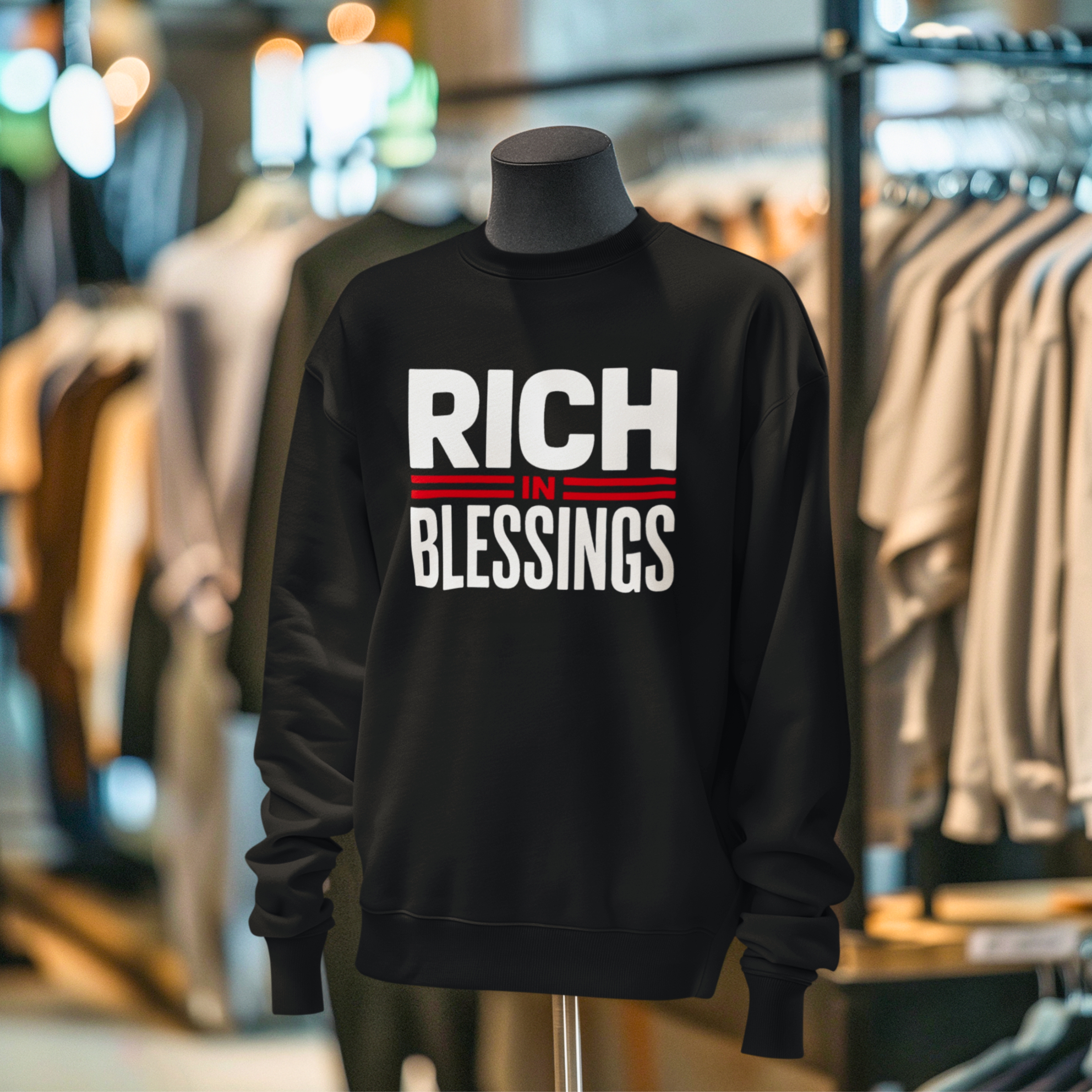 Unisex "RICH IN BLESSINGS" White/Black/Red Sweatshirt product thumbnail image Unisex "RICH IN BLESSINGS" White/Black/Red Sweatshirt product thumbnail image