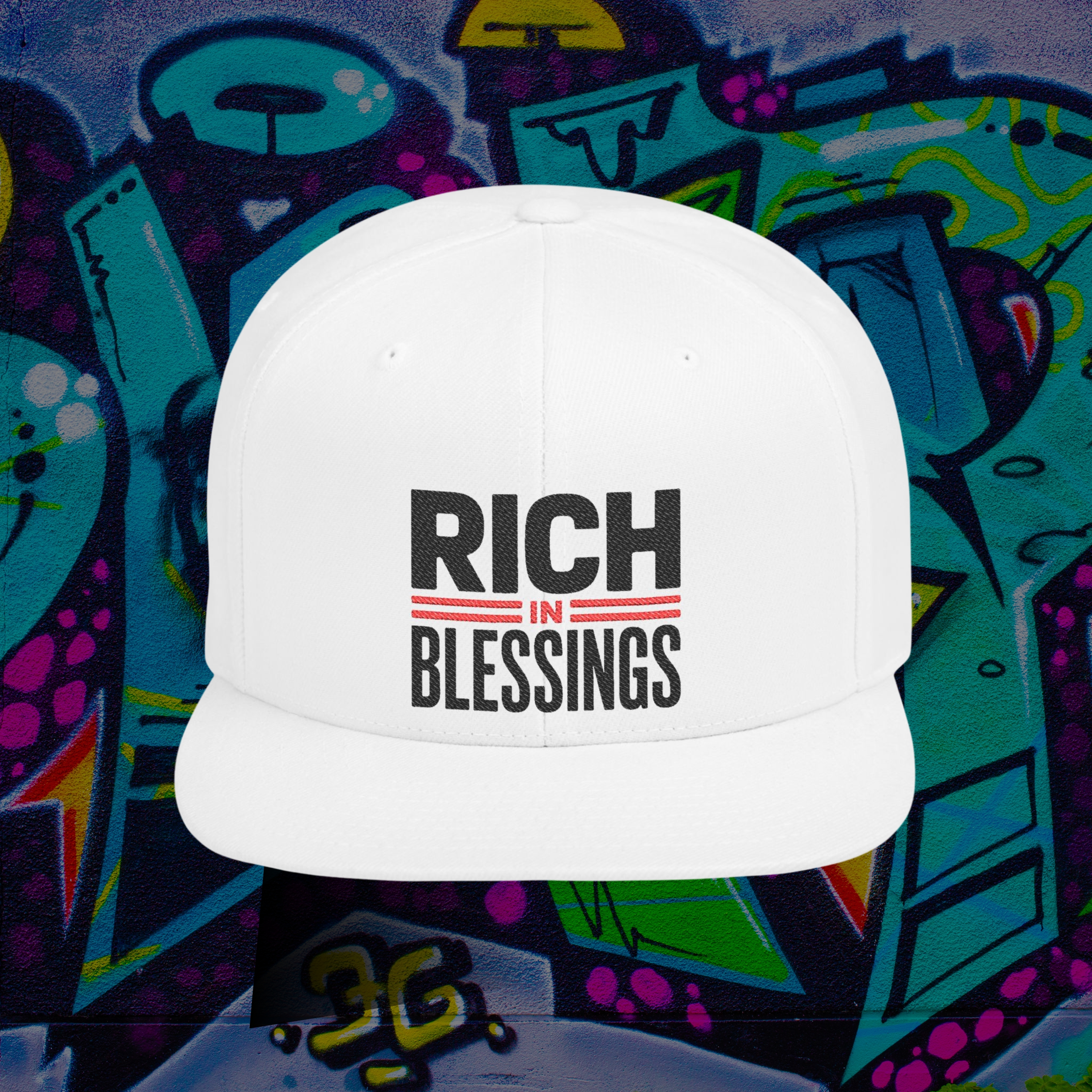 Flat Bill "RICH IN BLESSINGS "embroidered White Snapback