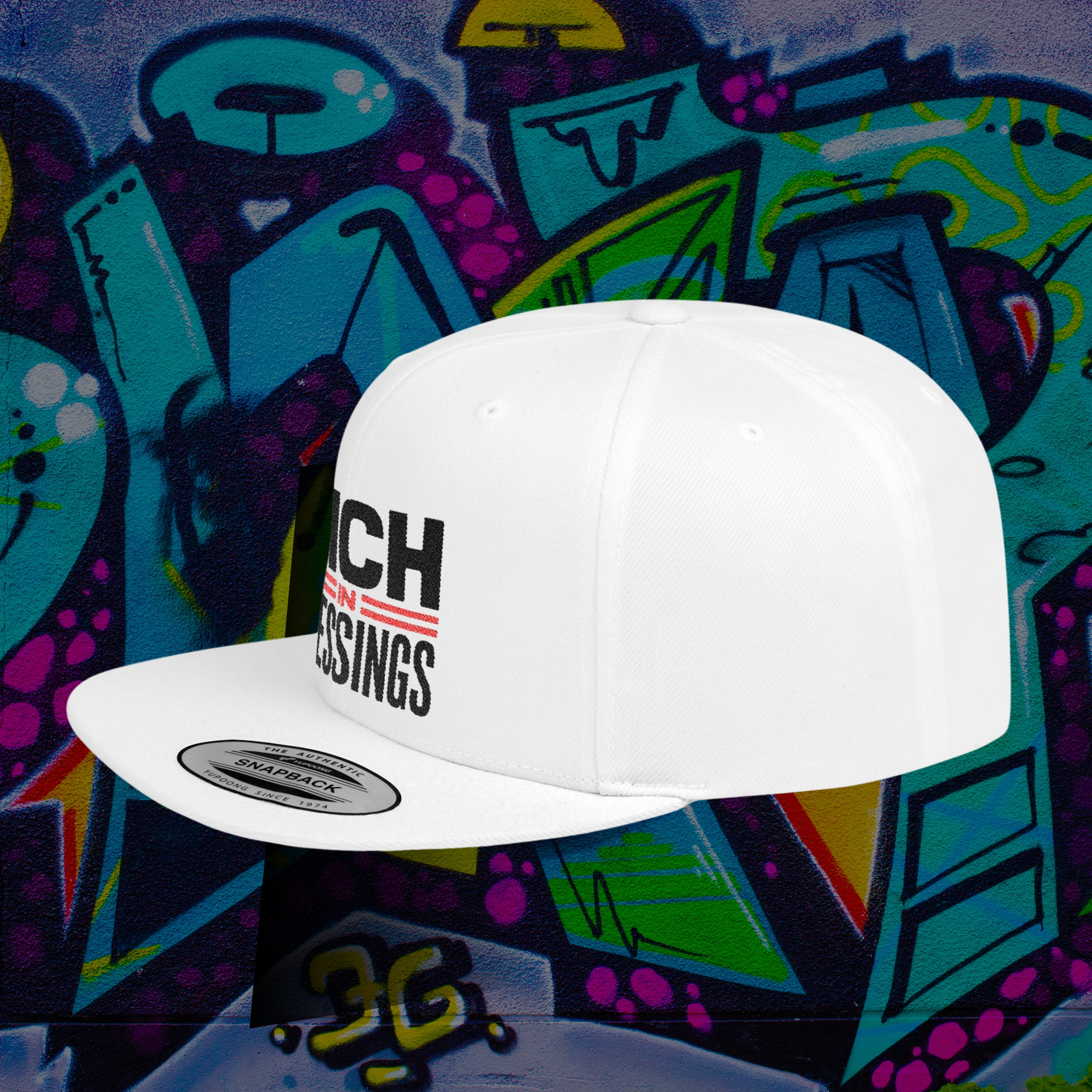 Flat Bill "RICH IN BLESSINGS "embroidered White Snapback product thumbnail image