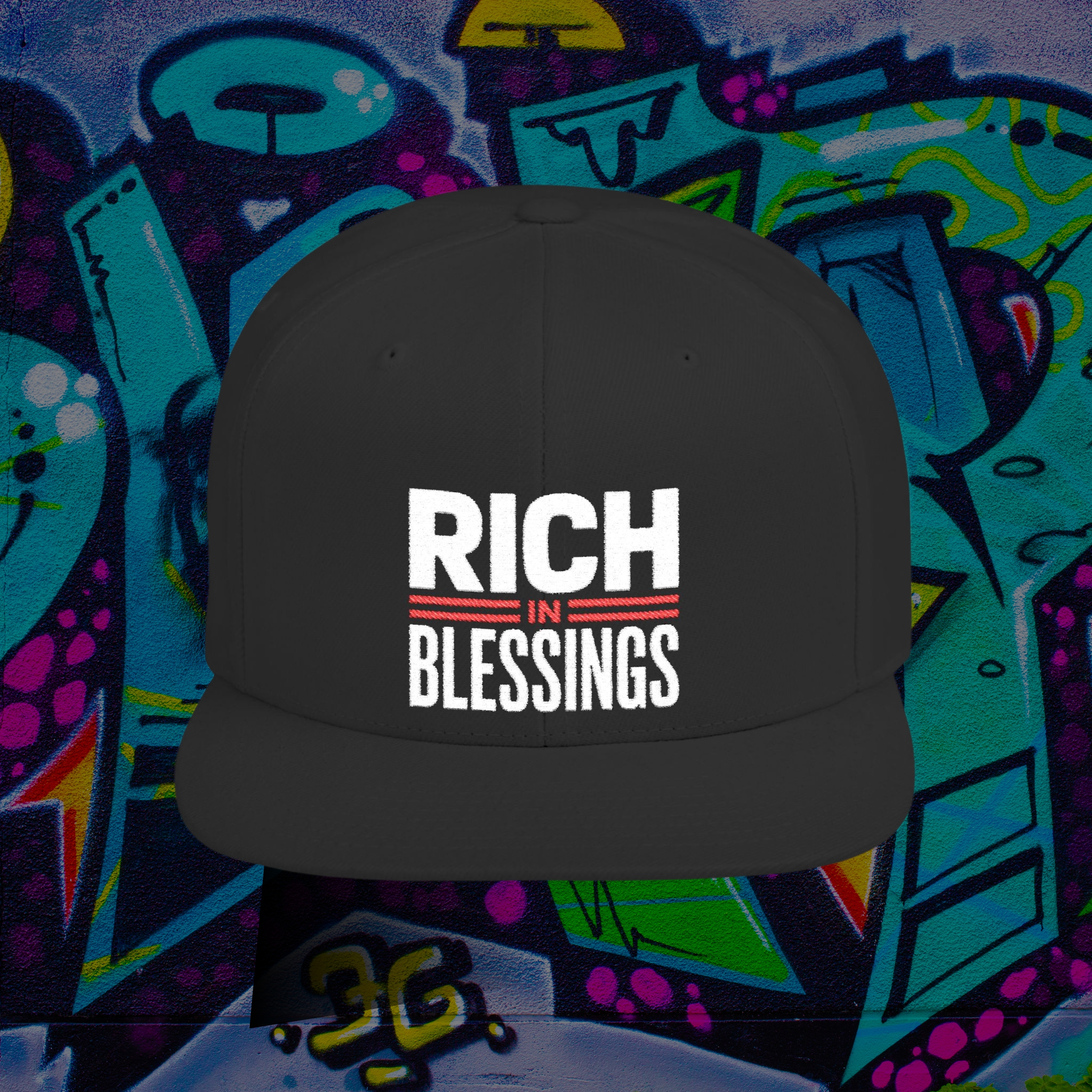 Flat Bill "RICH IN BLESSINGS "embroidered Black Snapback product thumbnail image Flat Bill "RICH IN BLESSINGS "embroidered Black Snapback product thumbnail image