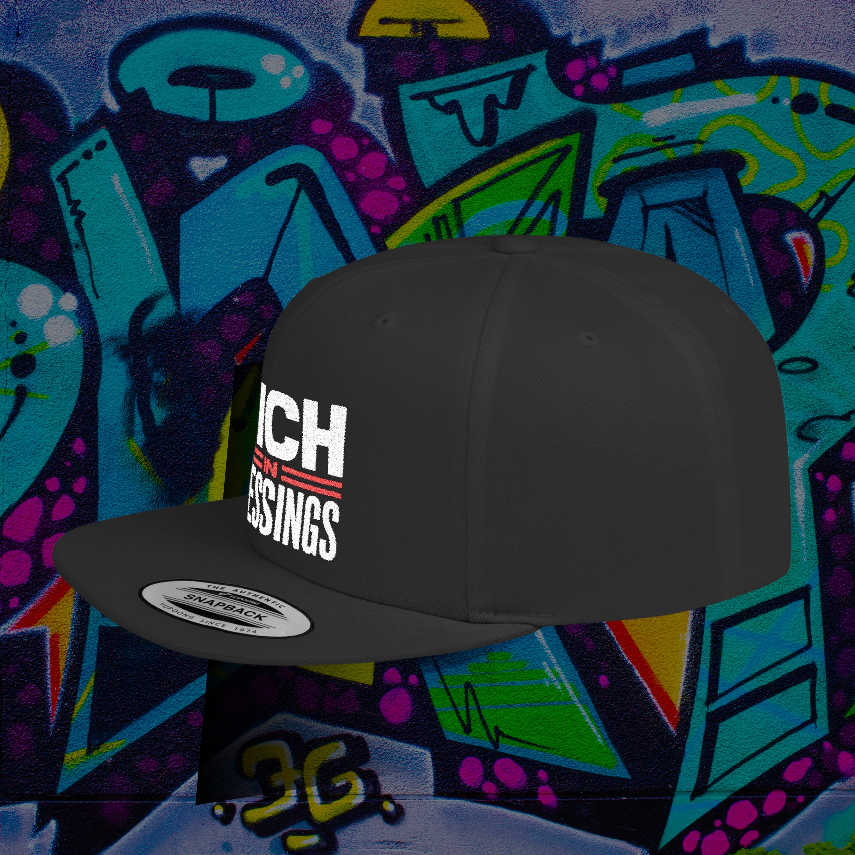 Flat Bill "RICH IN BLESSINGS "embroidered Black Snapback product thumbnail image