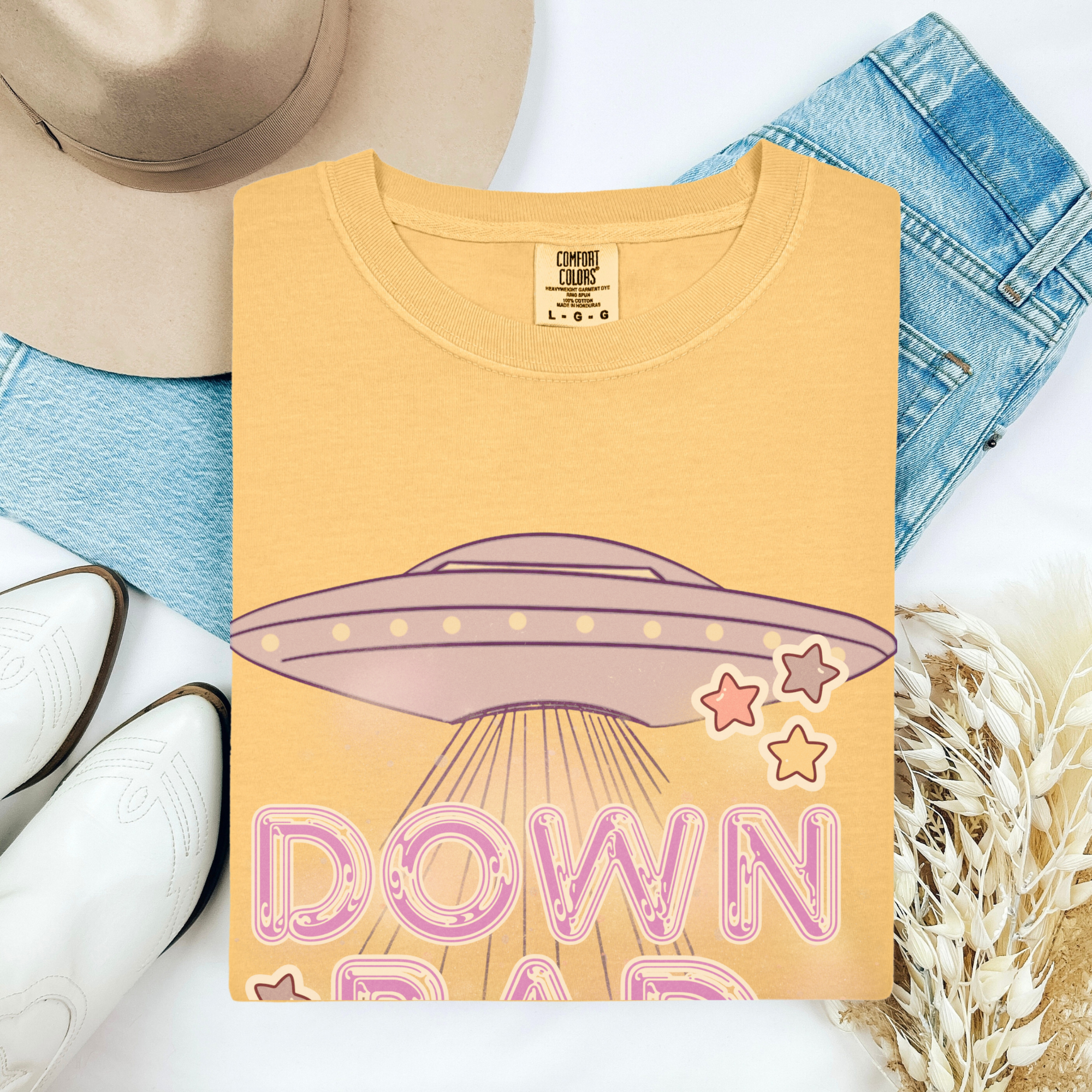 Space-themed Quote T-shirt - 'Down Bad' product thumbnail image Space-themed Quote T-shirt - 'Down Bad' product thumbnail image