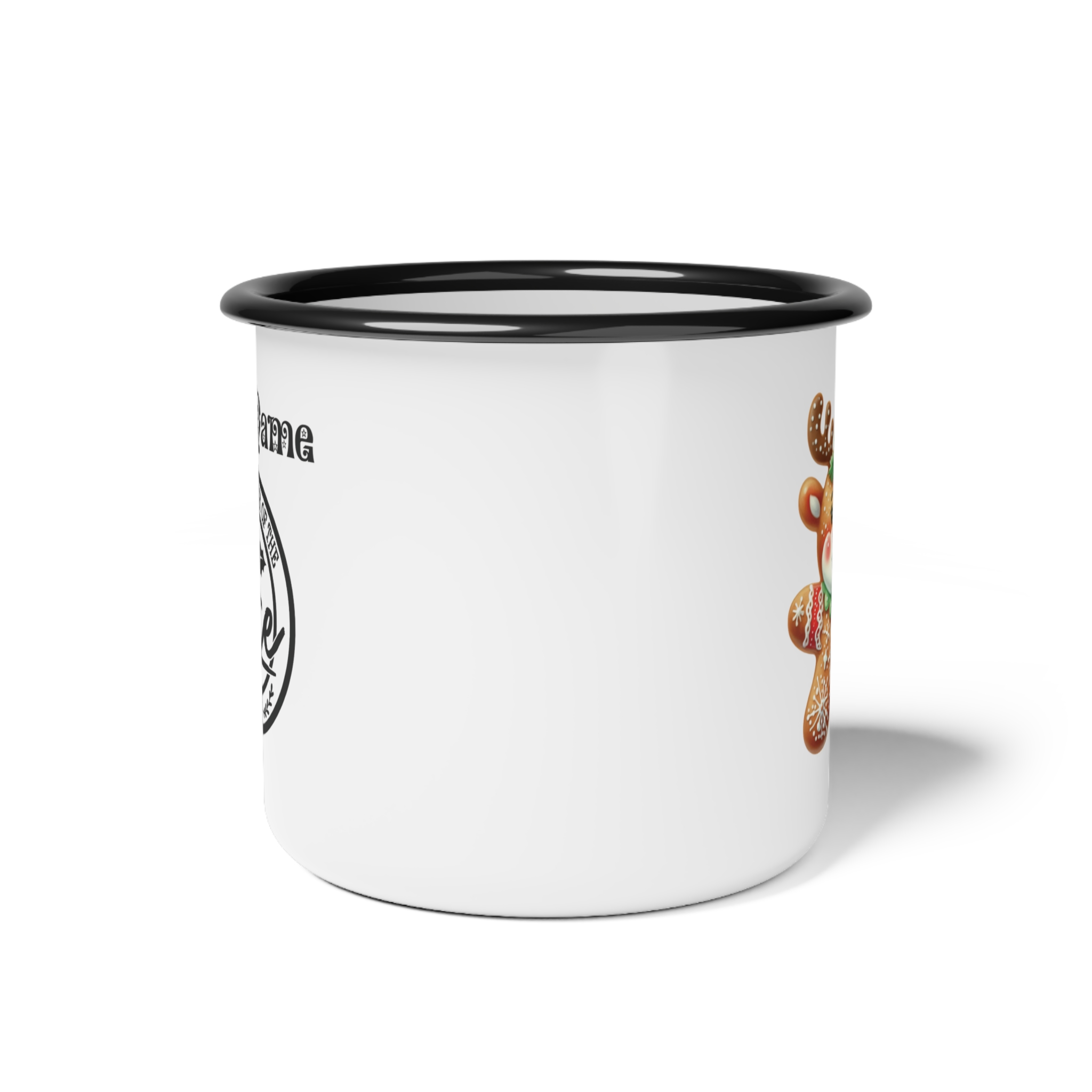 Reindeer Nice List Enamel Coffee Mug – 12oz Black Rim Mug with Vintage Reindeer Design product thumbnail image