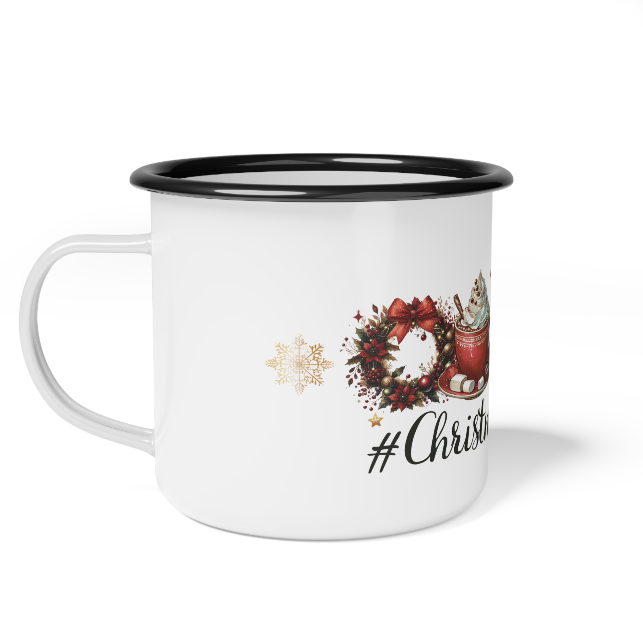 Vintage Christmas Basics Enamel Coffee Mug – 12oz Black Rim Mug with Wreath, Tree, Reindeer, Hot Cocoa, and Santa Claus product thumbnail image Vintage Christmas Basics Enamel Coffee Mug – 12oz Black Rim Mug with Wreath, Tree, Reindeer, Hot Cocoa, and Santa Claus product thumbnail image