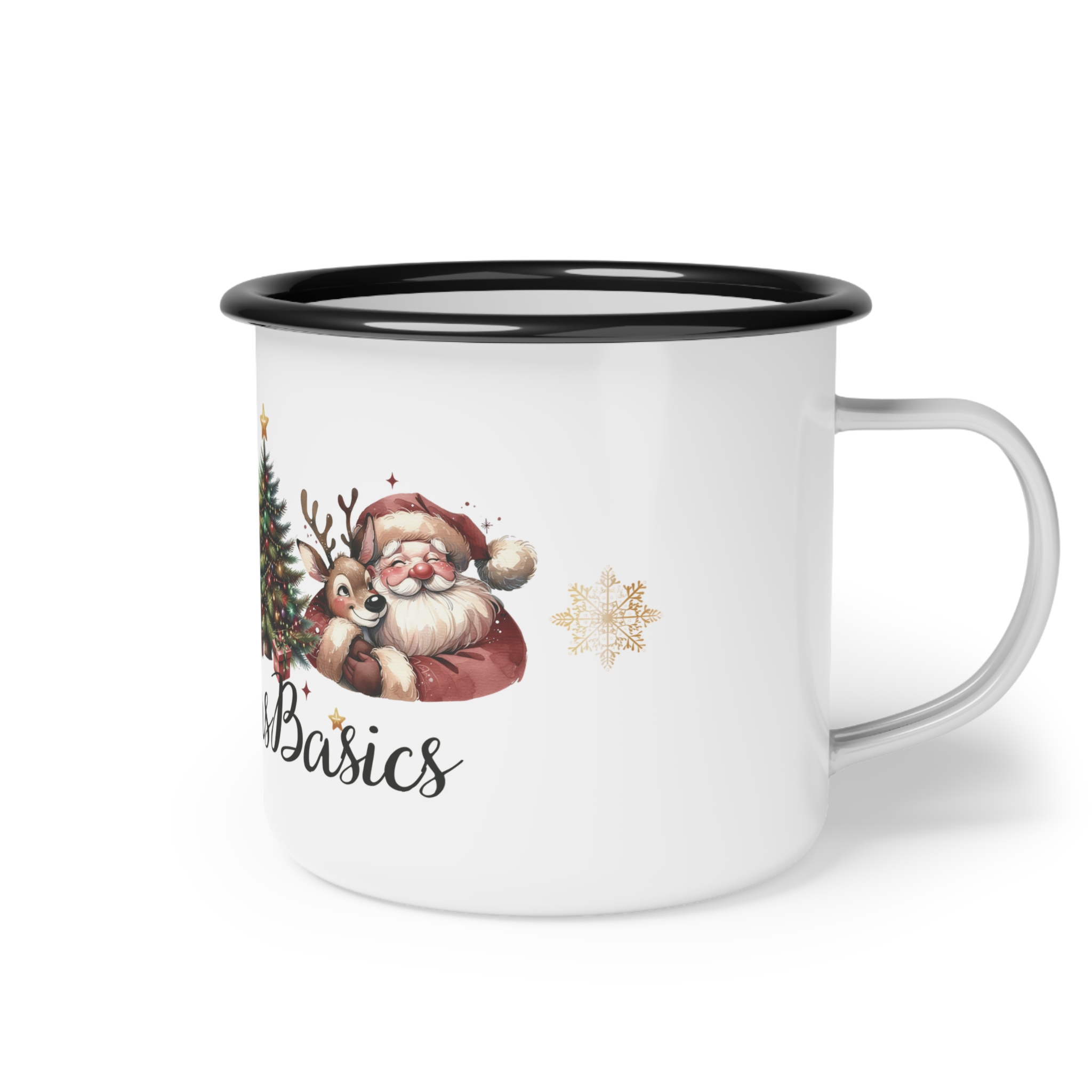 Vintage Christmas Basics Enamel Coffee Mug – 12oz Black Rim Mug with Wreath, Tree, Reindeer, Hot Cocoa, and Santa Claus product thumbnail image Vintage Christmas Basics Enamel Coffee Mug – 12oz Black Rim Mug with Wreath, Tree, Reindeer, Hot Cocoa, and Santa Claus product thumbnail image