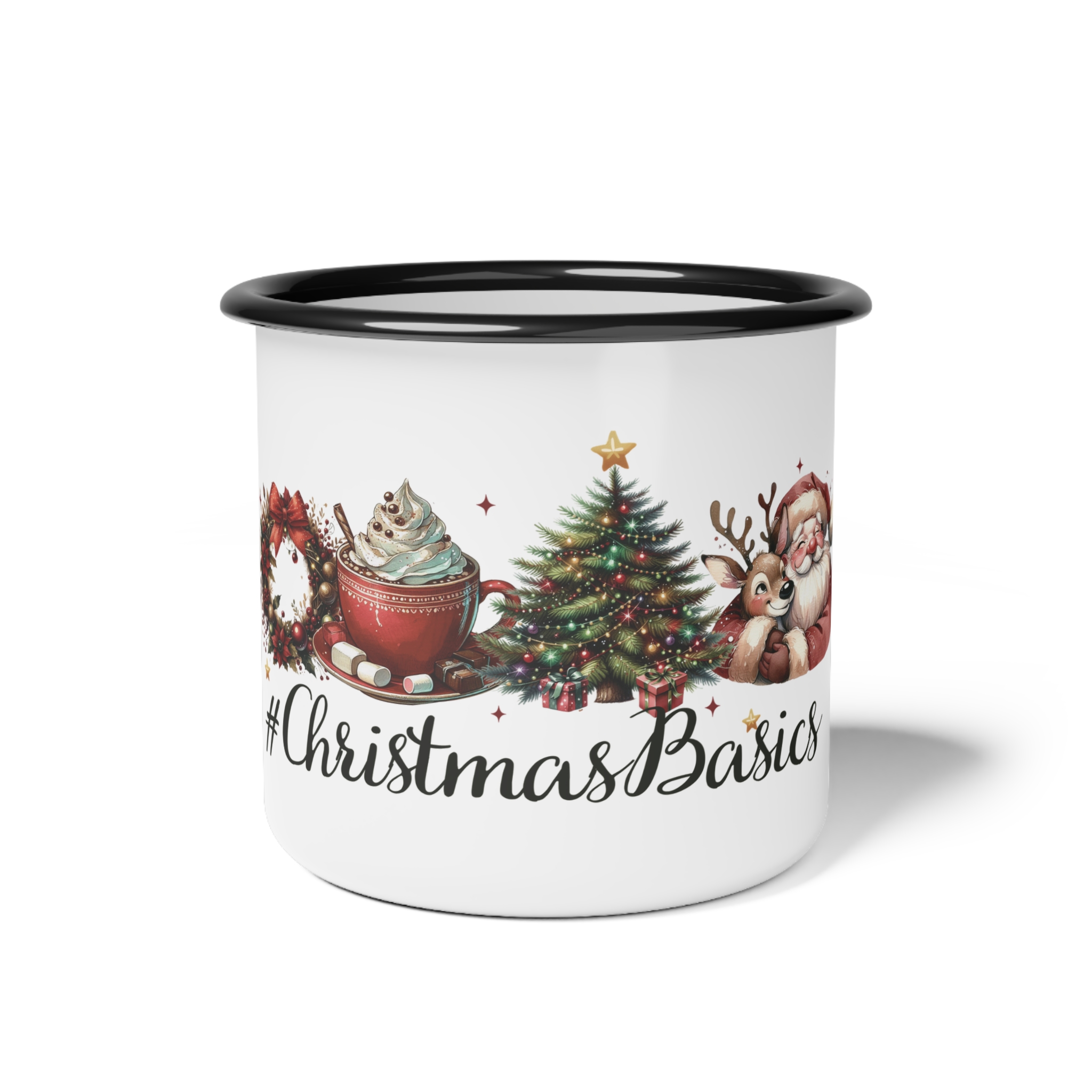 Vintage Christmas Basics Enamel Coffee Mug – 12oz Black Rim Mug with Wreath, Tree, Reindeer, Hot Cocoa, and Santa Claus product thumbnail image