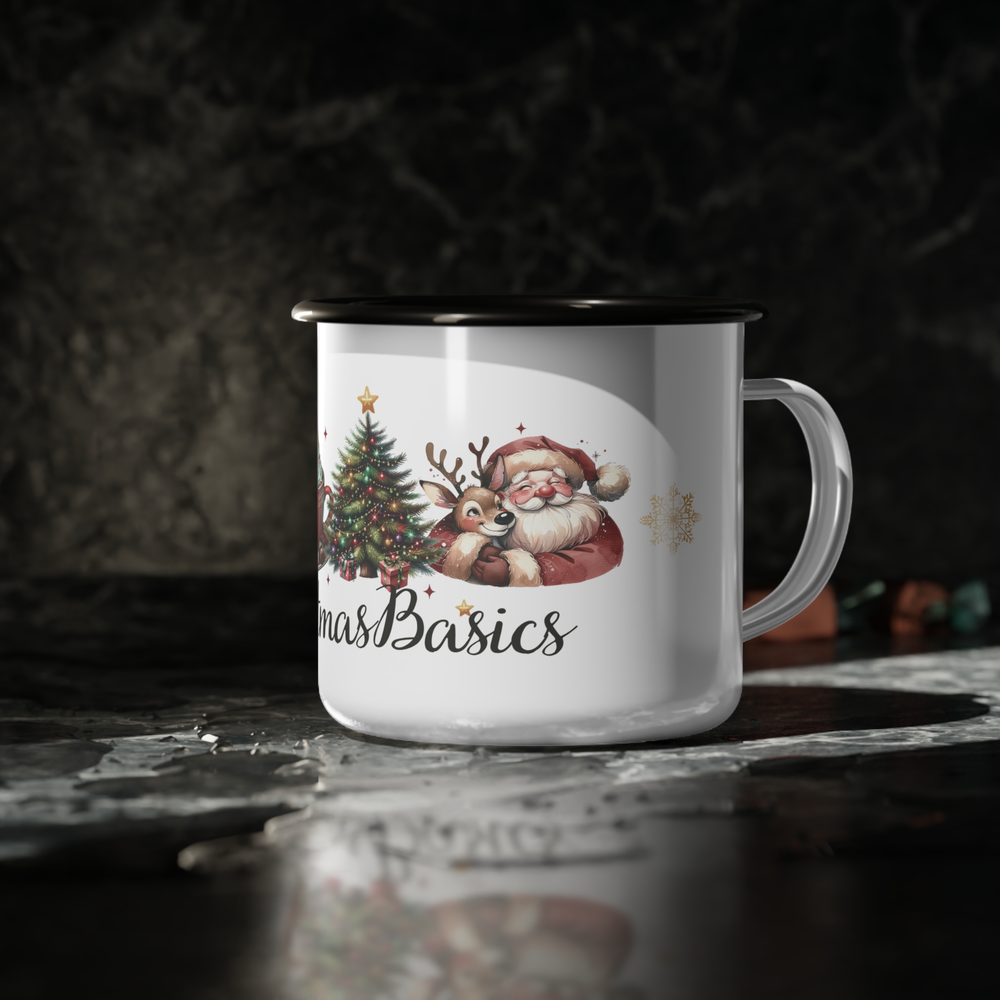 Vintage Christmas Basics Enamel Coffee Mug – 12oz Black Rim Mug with Wreath, Tree, Reindeer, Hot Cocoa, and Santa Claus
