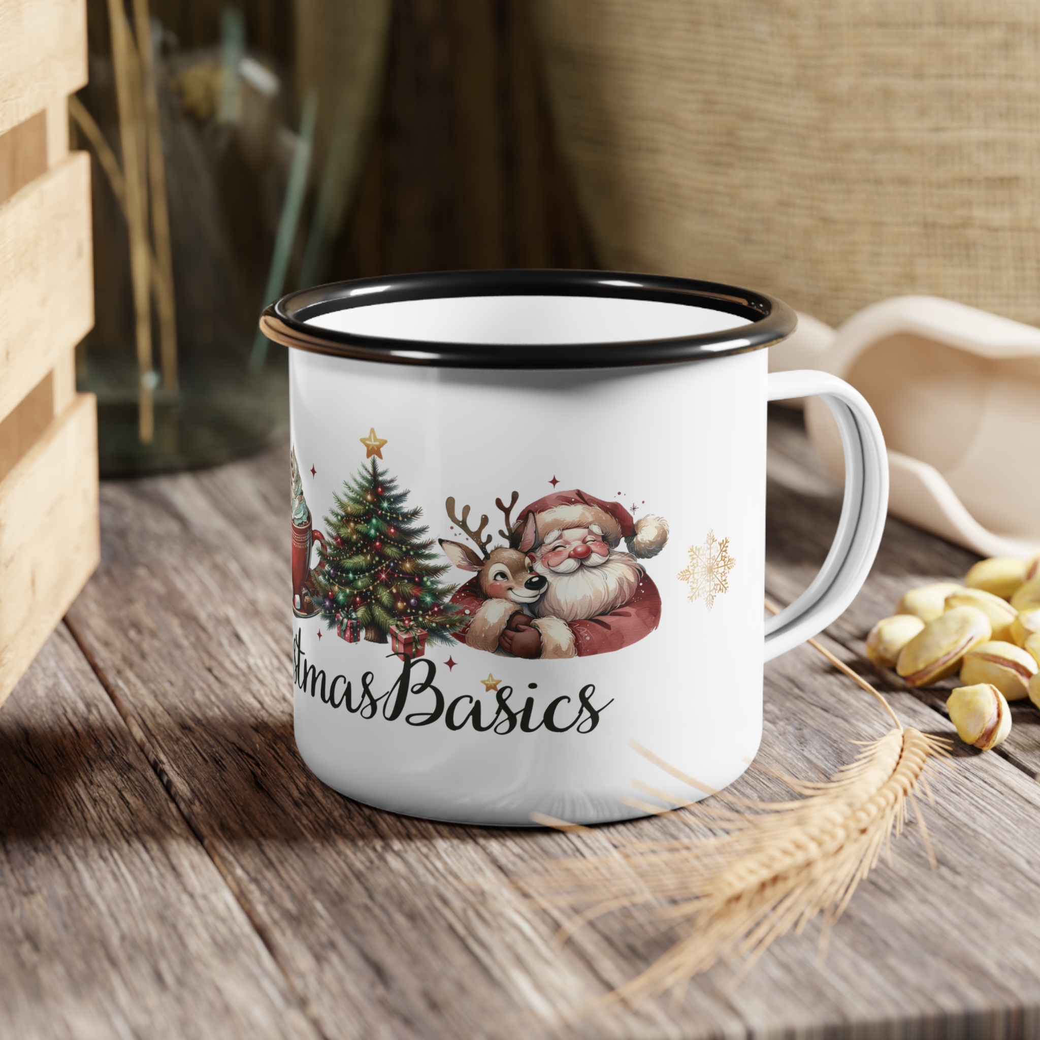 Vintage Christmas Basics Enamel Coffee Mug – 12oz Black Rim Mug with Wreath, Tree, Reindeer, Hot Cocoa, and Santa Claus product thumbnail image