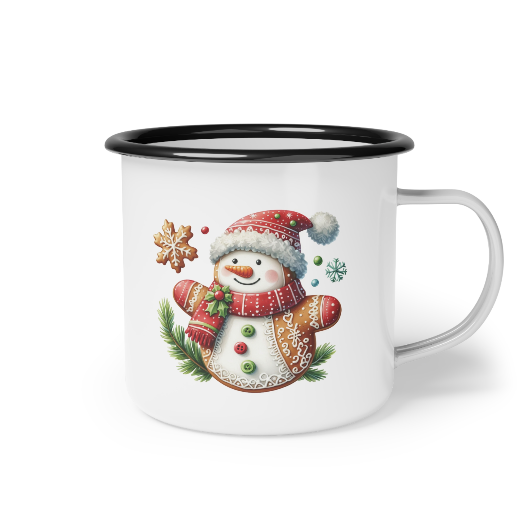 Festive Snowman Nice List Enamel Coffee Mug – 12oz Black Rim Mug with Classic Snowman Design product thumbnail image