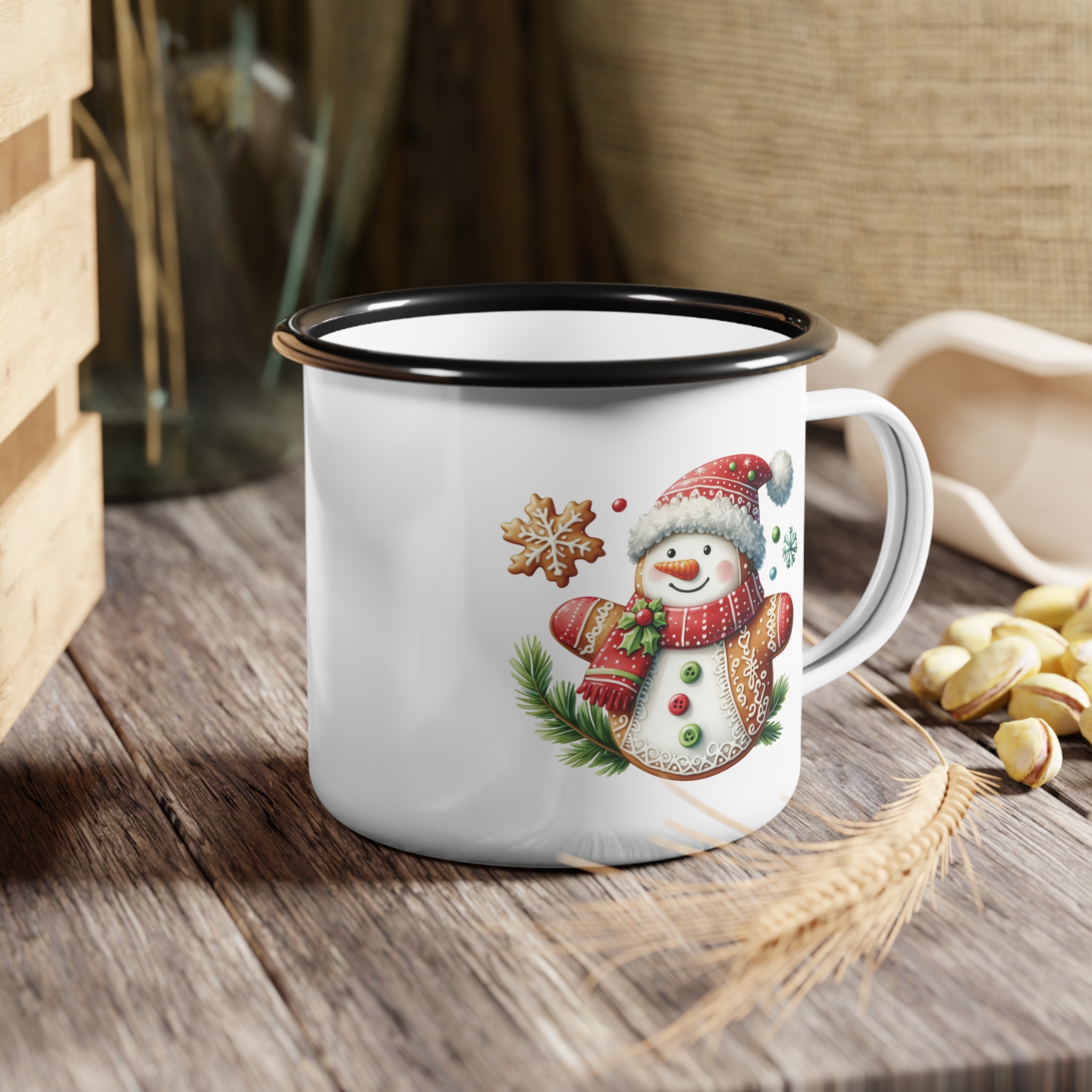 Festive Snowman Nice List Enamel Coffee Mug – 12oz Black Rim Mug with Classic Snowman Design product thumbnail image