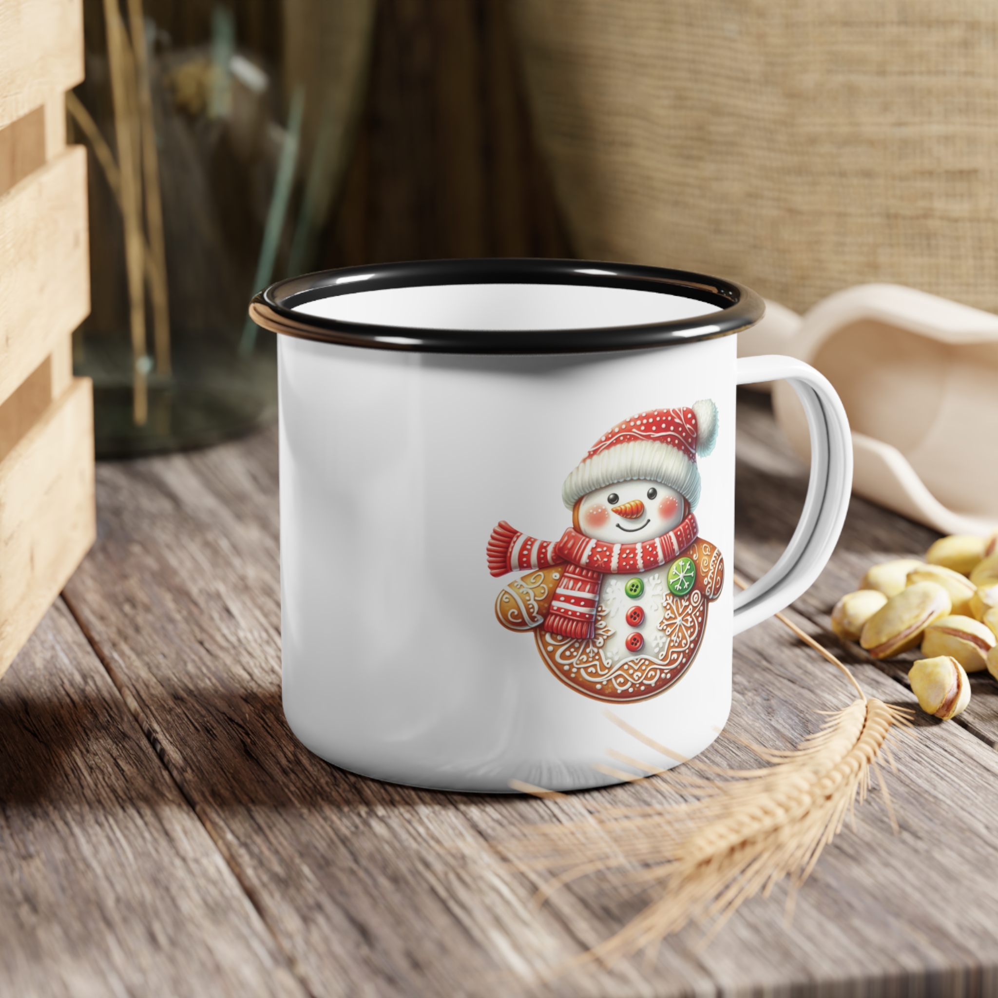Snowman Nice List Enamel Coffee Mug – 12oz Black Rim Mug with Vintage Snowman Design product thumbnail image