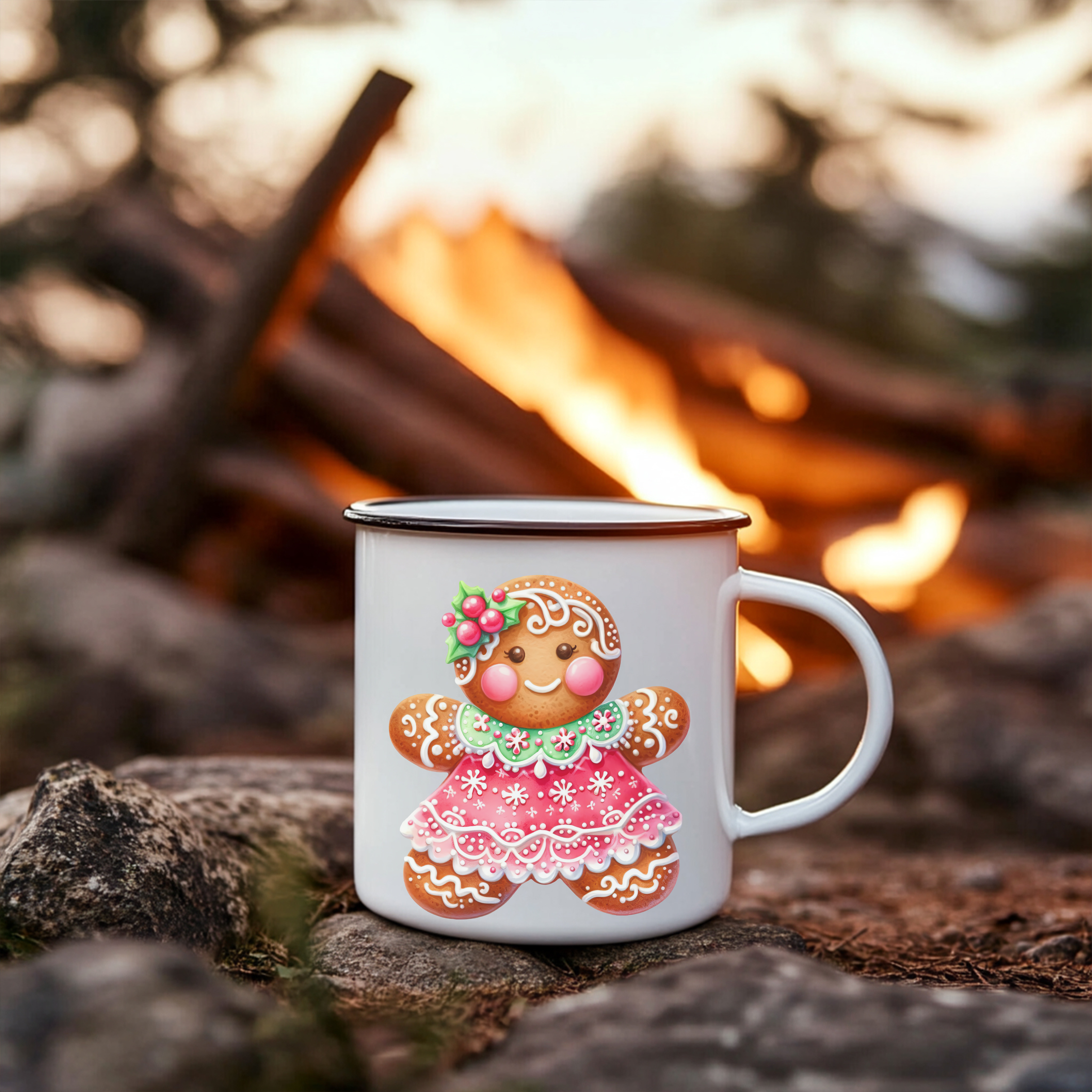 Girl Gingerbread Man Nice List Enamel Coffee Mug – 12oz Black Rim Mug with Festive Gingerbread Design product thumbnail image