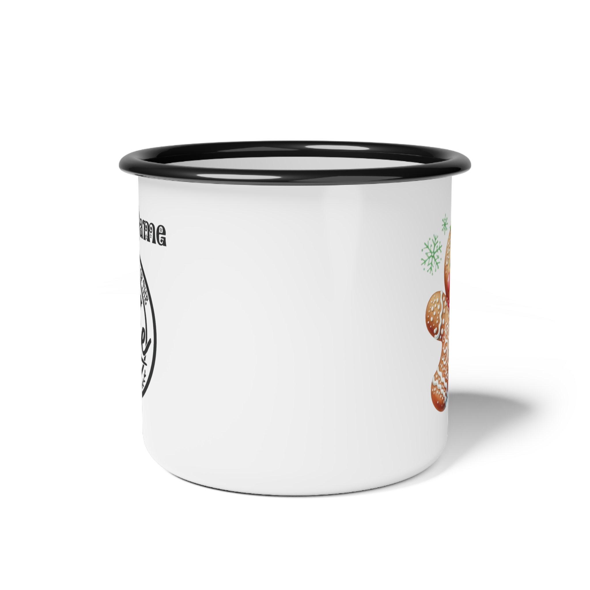 Boy Gingerbread Man Nice List Enamel Coffee Mug – 12oz Black Rim Mug with Festive Gingerbread Design product thumbnail image