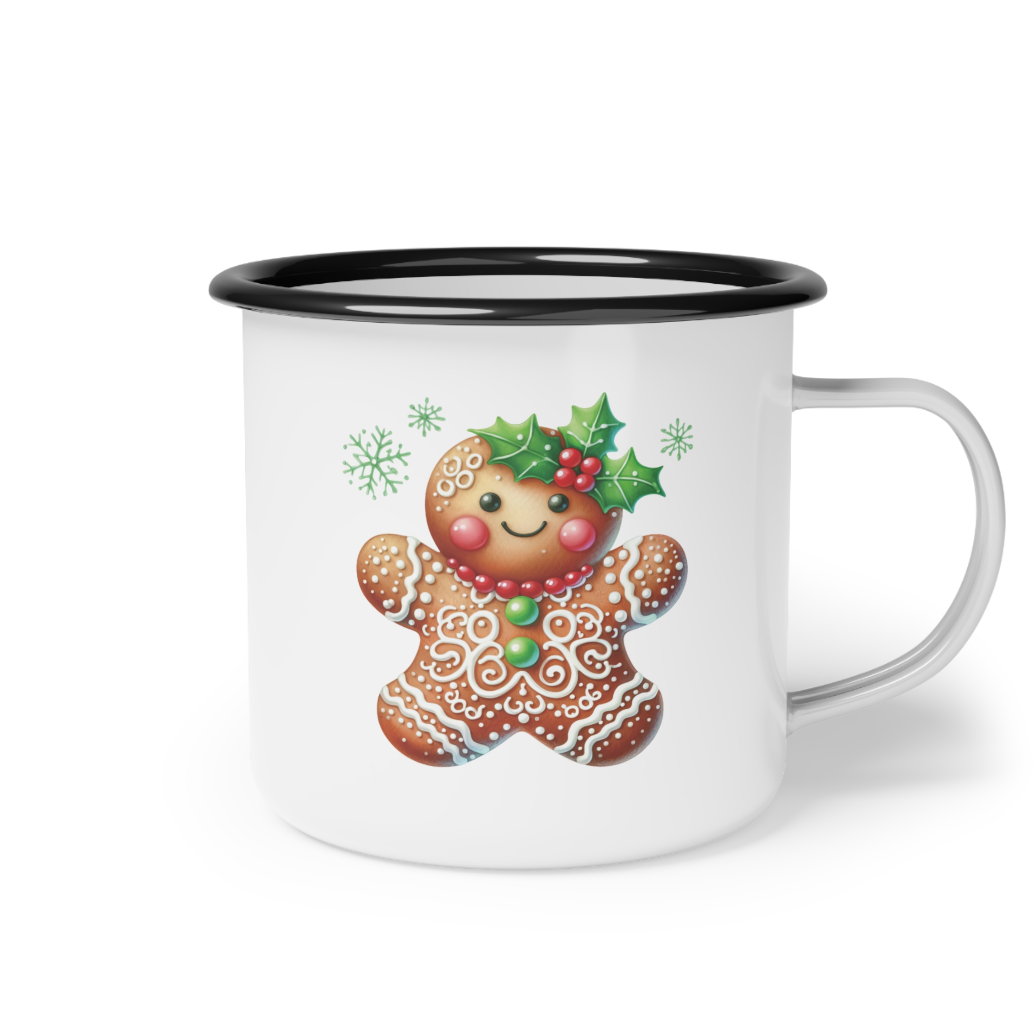 Boy Gingerbread Man Nice List Enamel Coffee Mug – 12oz Black Rim Mug with Festive Gingerbread Design product thumbnail image