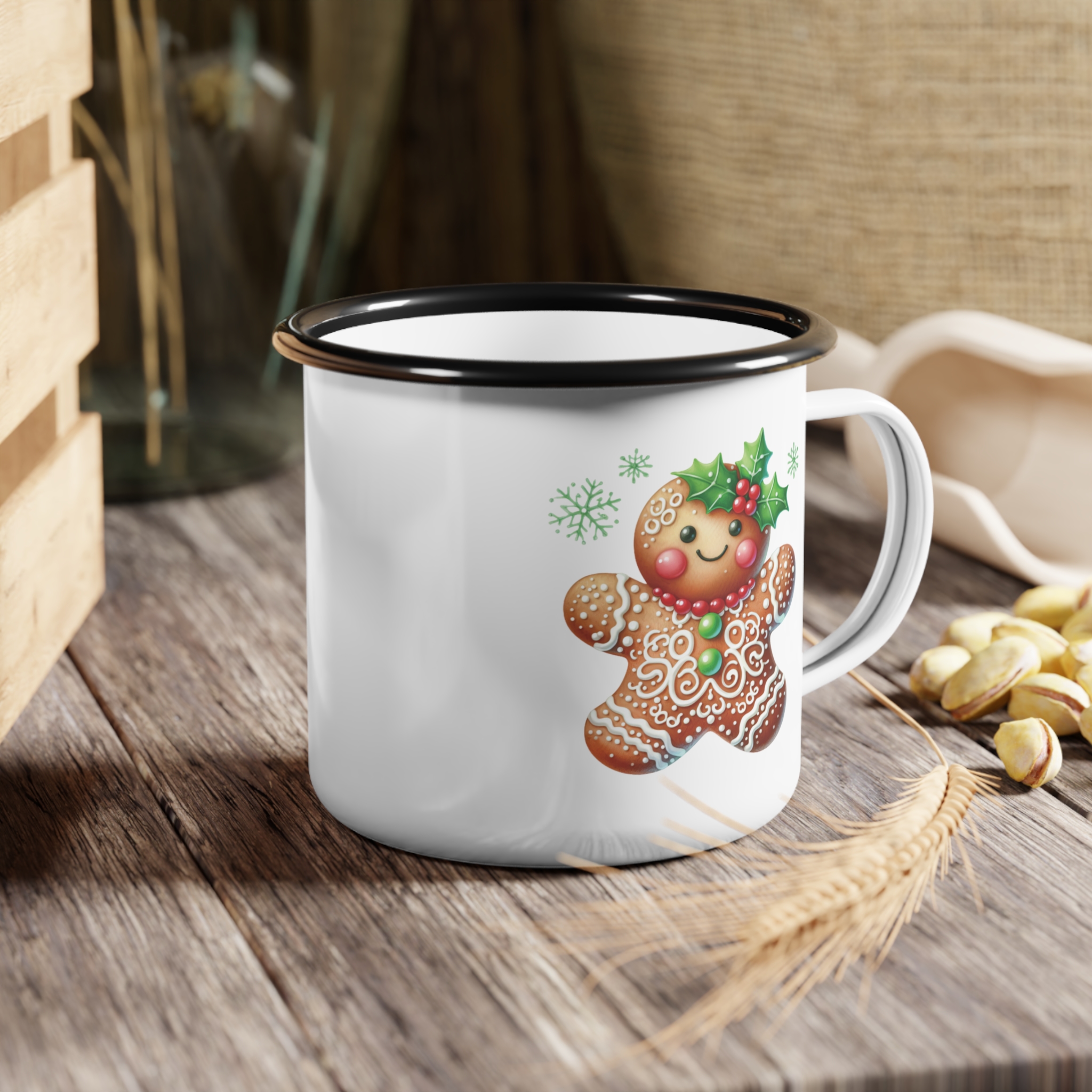 Boy Gingerbread Man Nice List Enamel Coffee Mug – 12oz Black Rim Mug with Festive Gingerbread Design product thumbnail image