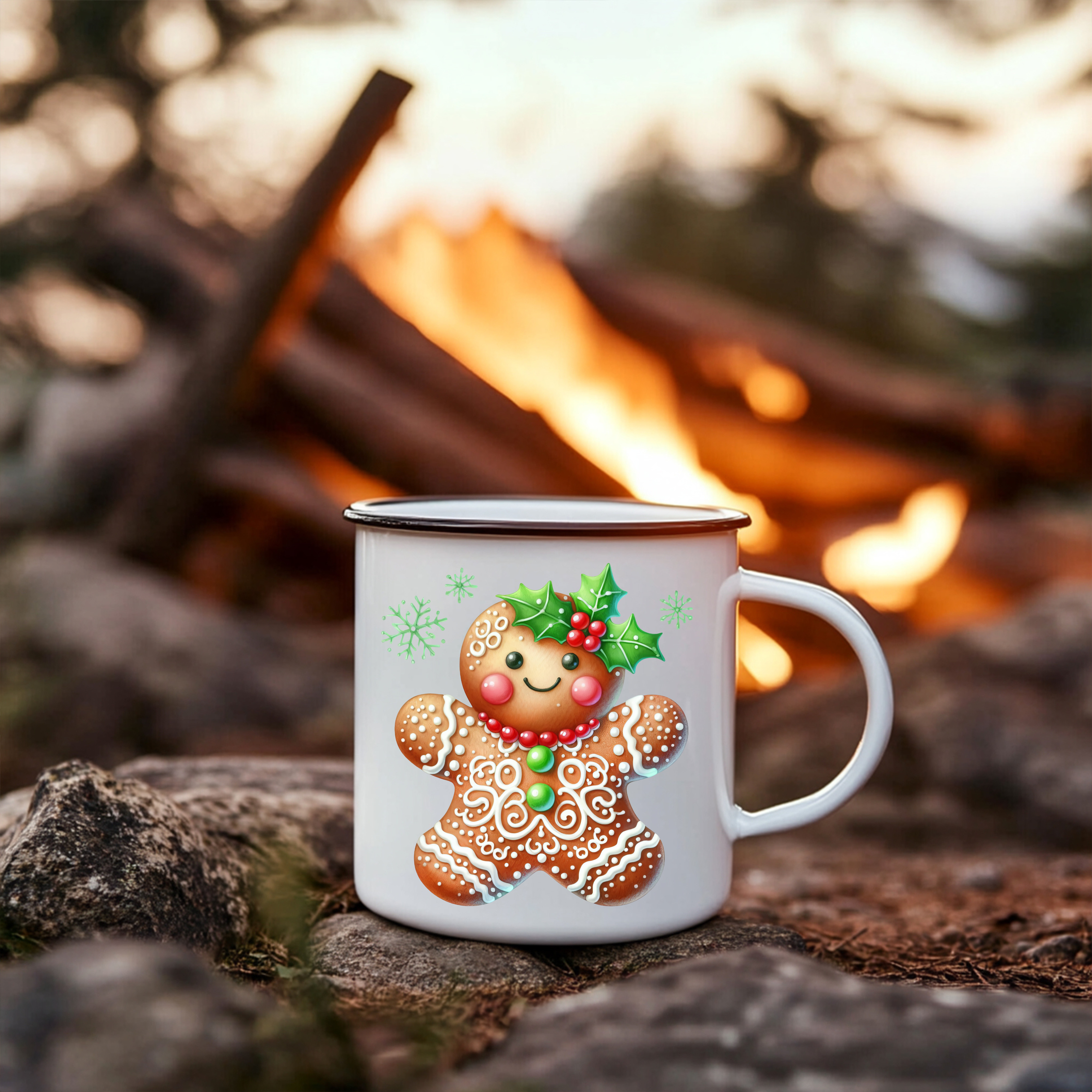 Boy Gingerbread Man Nice List Enamel Coffee Mug – 12oz Black Rim Mug with Festive Gingerbread Design product thumbnail image