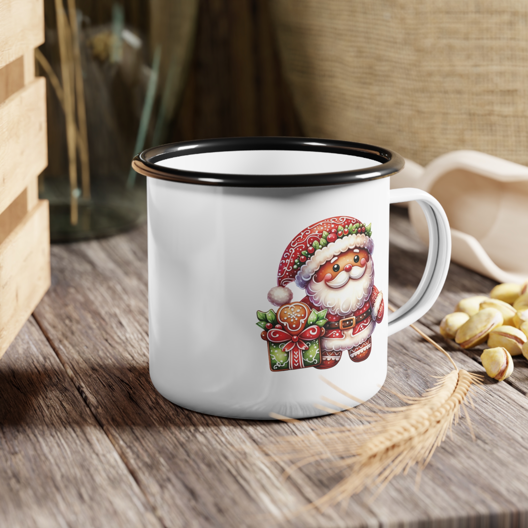 Santa Nice List Enamel Coffee Mug – 12oz Black Rim Mug with Vintage Santa Design product thumbnail image