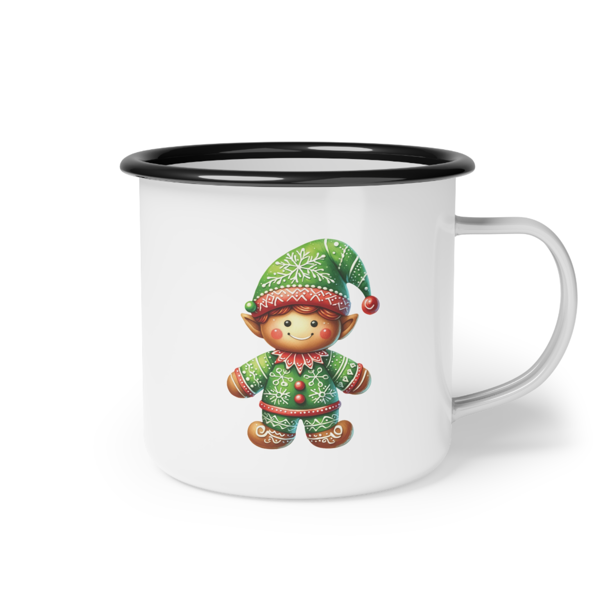Boy Elf Nice List Enamel Coffee Mug – 12oz Black Rim Mug with Festive Boy Elf Design product thumbnail image