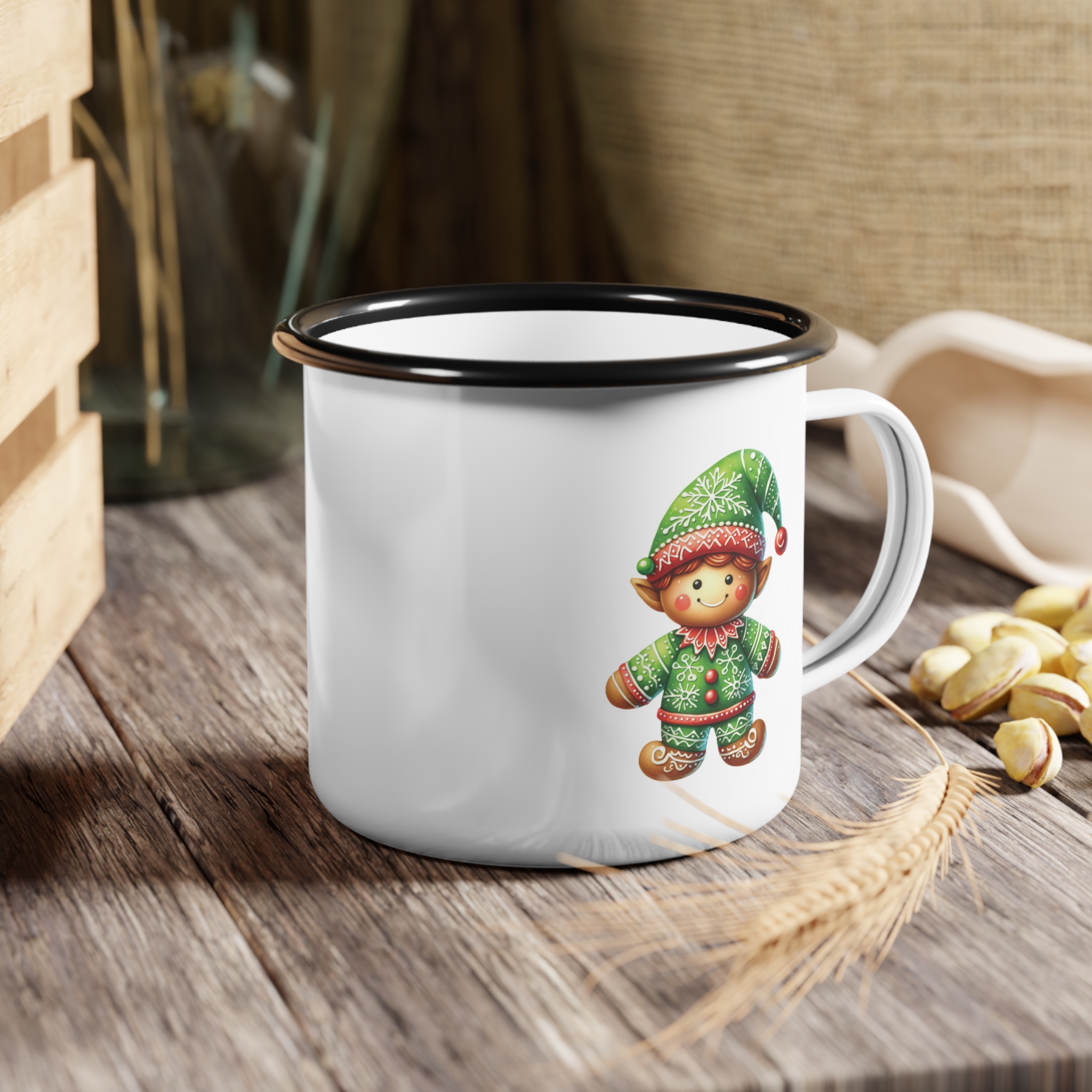 Boy Elf Nice List Enamel Coffee Mug – 12oz Black Rim Mug with Festive Boy Elf Design product thumbnail image