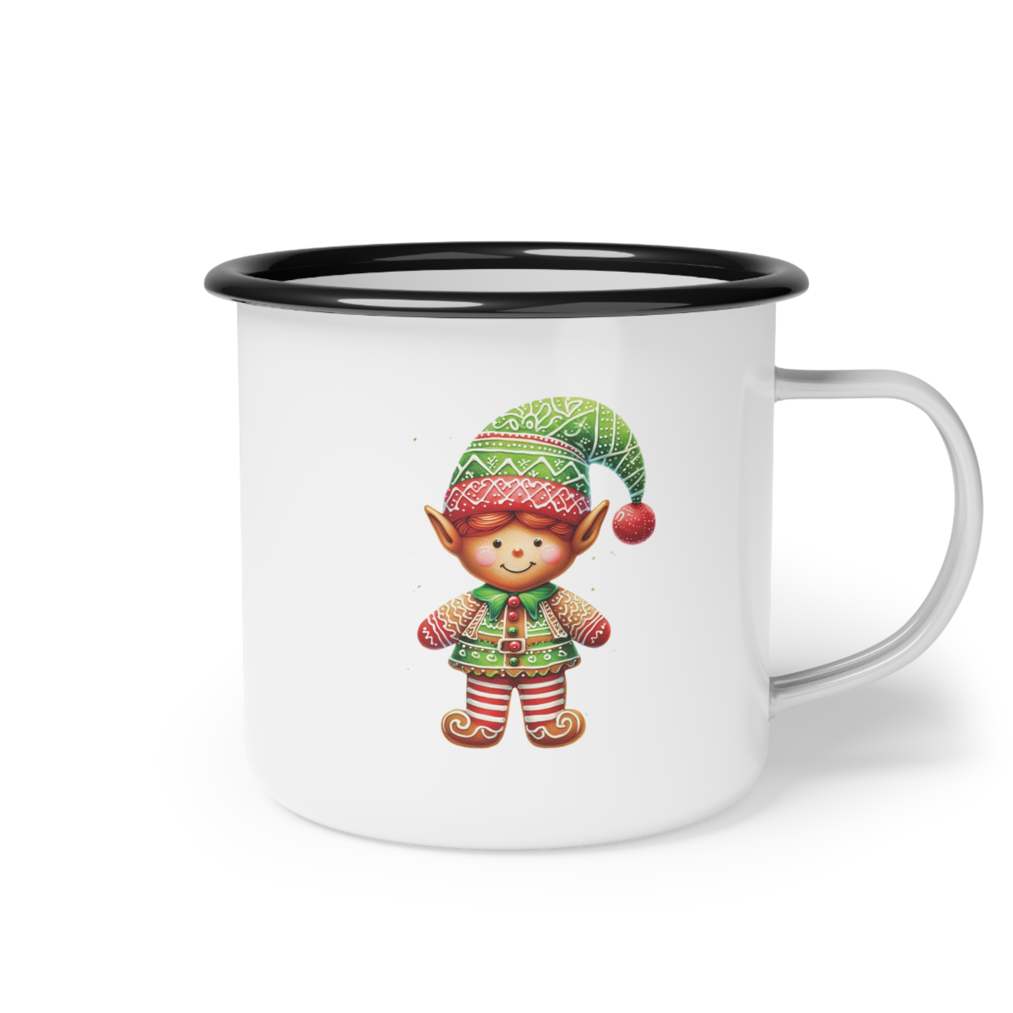 Girl Elf Nice List Enamel Coffee Mug | 12oz Black Rim Mug with Vintage Girl Elf Design product thumbnail image