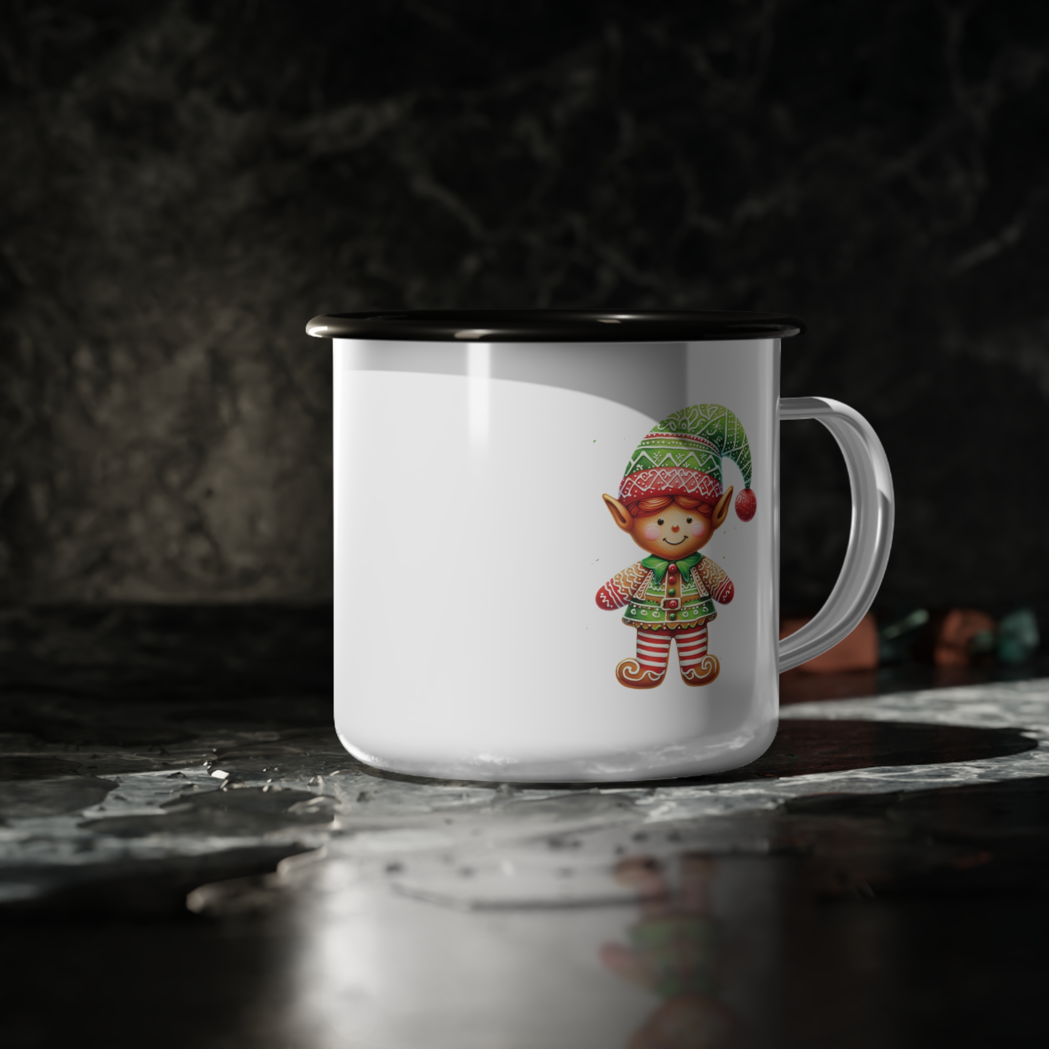 Girl Elf Nice List Enamel Coffee Mug | 12oz Black Rim Mug with Vintage Girl Elf Design product thumbnail image Girl Elf Nice List Enamel Coffee Mug | 12oz Black Rim Mug with Vintage Girl Elf Design product thumbnail image