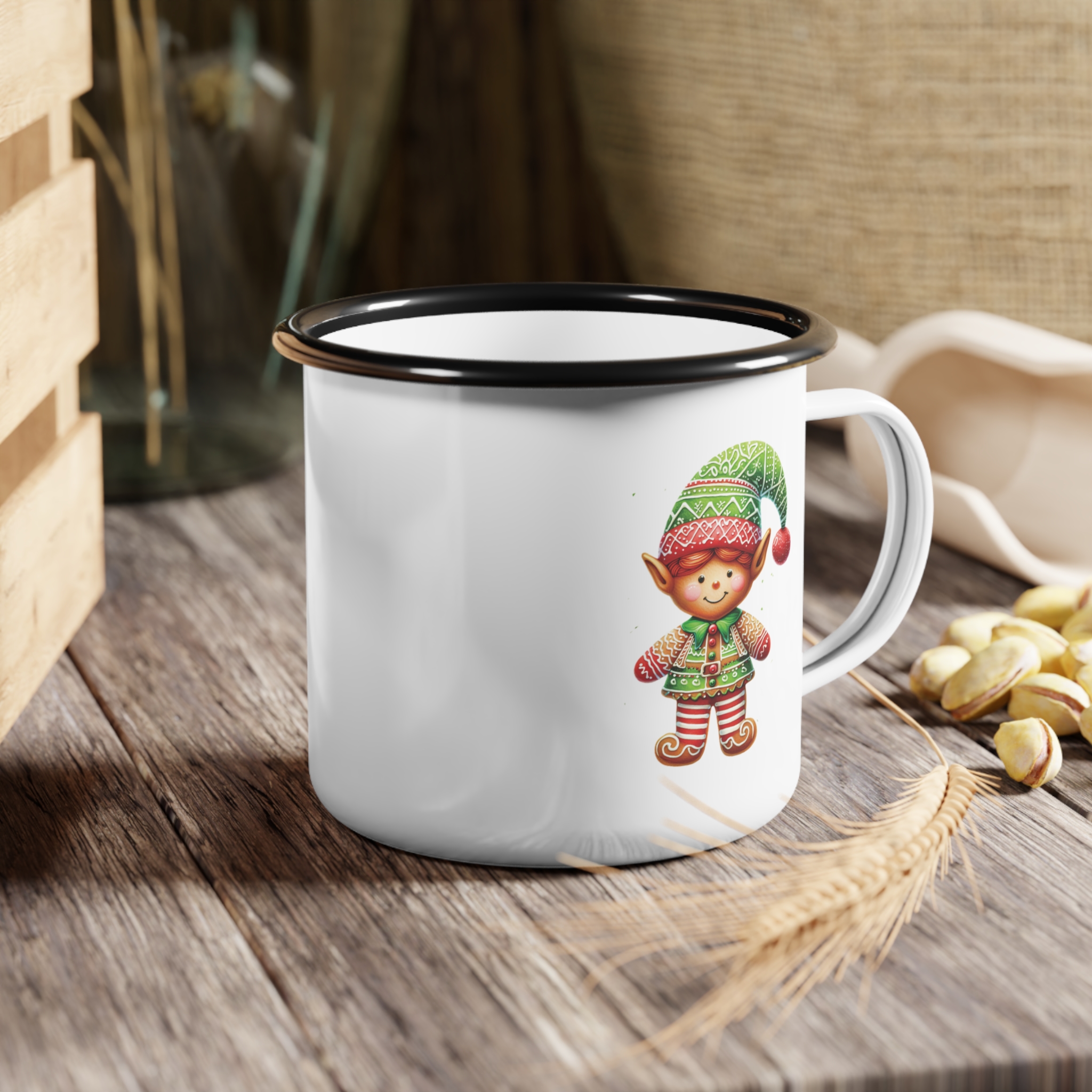Girl Elf Nice List Enamel Coffee Mug | 12oz Black Rim Mug with Vintage Girl Elf Design product thumbnail image