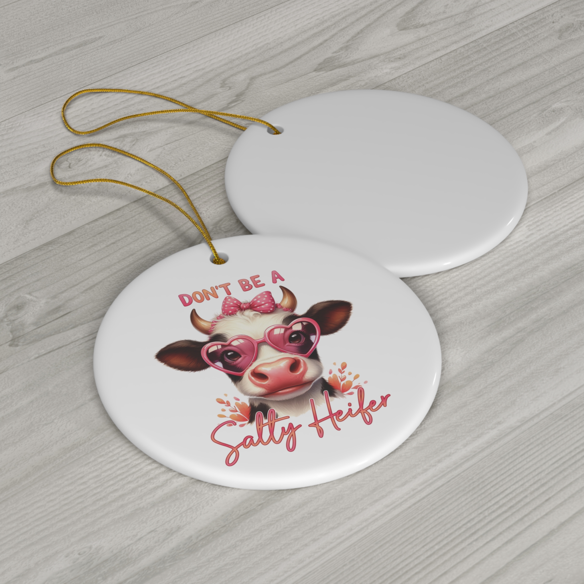 Don’t Be a Salty Heifer - Cute Cow with Pink Heart Glasses Christmas Ornament product thumbnail image
