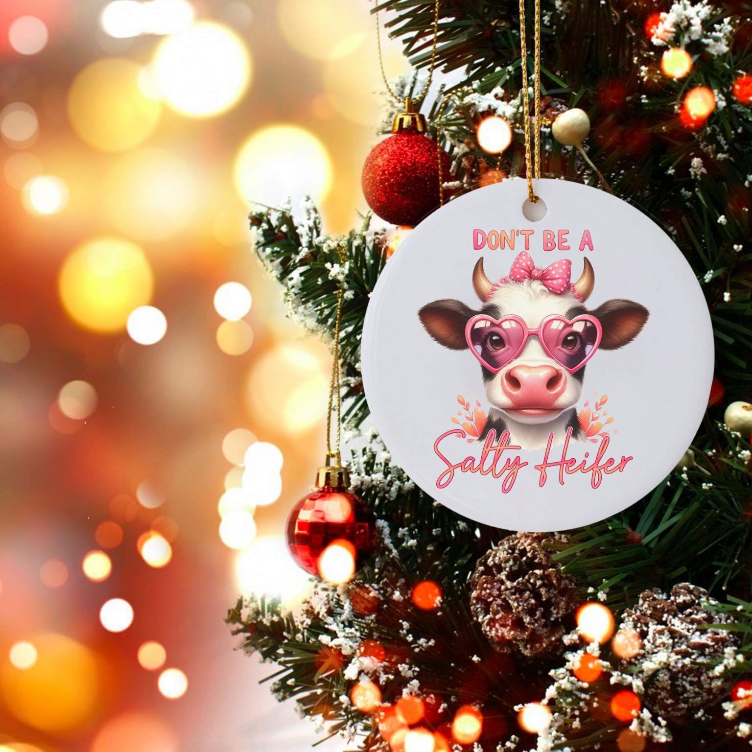 Don’t Be a Salty Heifer - Cute Cow with Pink Heart Glasses Christmas Ornament product thumbnail image Don’t Be a Salty Heifer - Cute Cow with Pink Heart Glasses Christmas Ornament product thumbnail image
