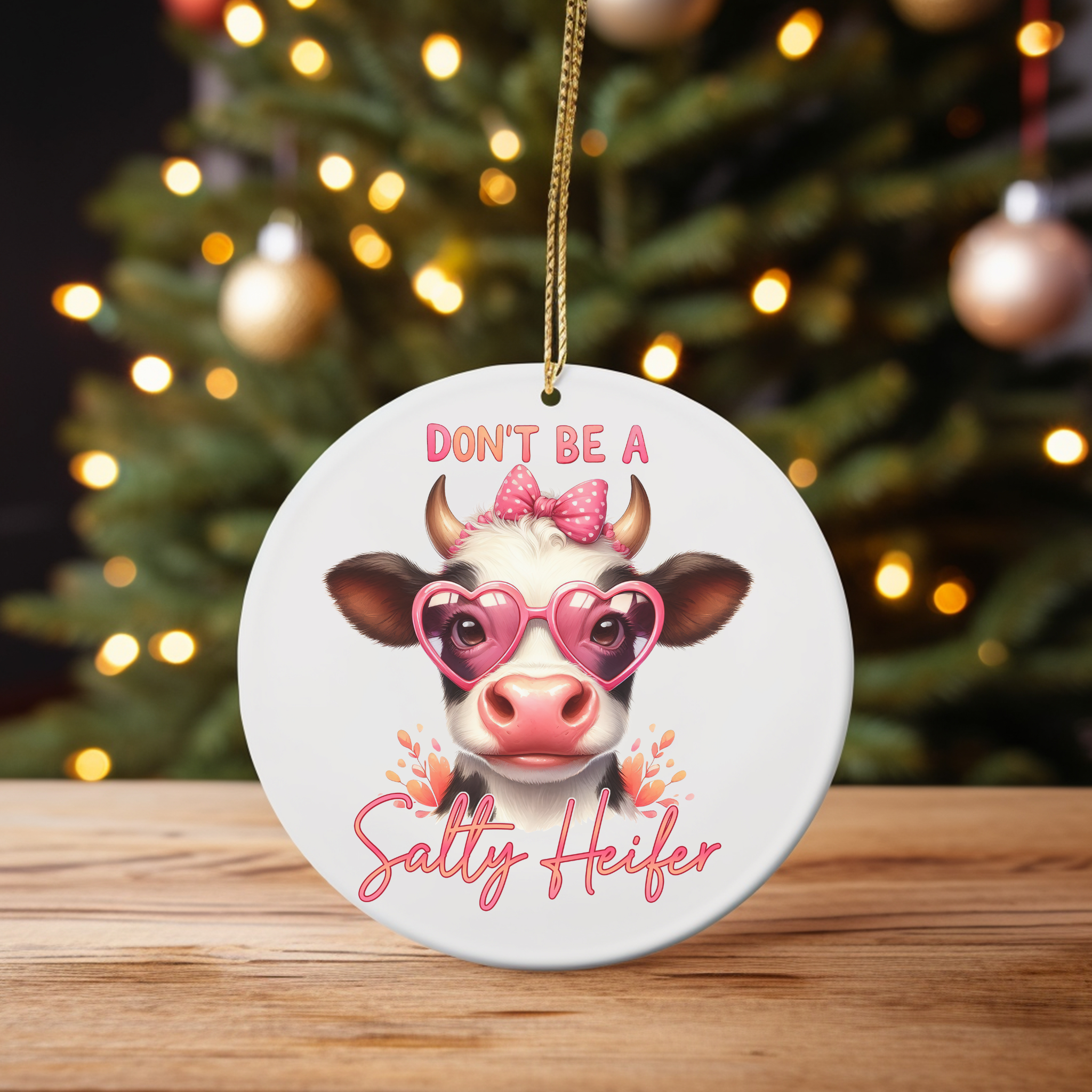 Don’t Be a Salty Heifer - Cute Cow with Pink Heart Glasses Christmas Ornament product thumbnail image
