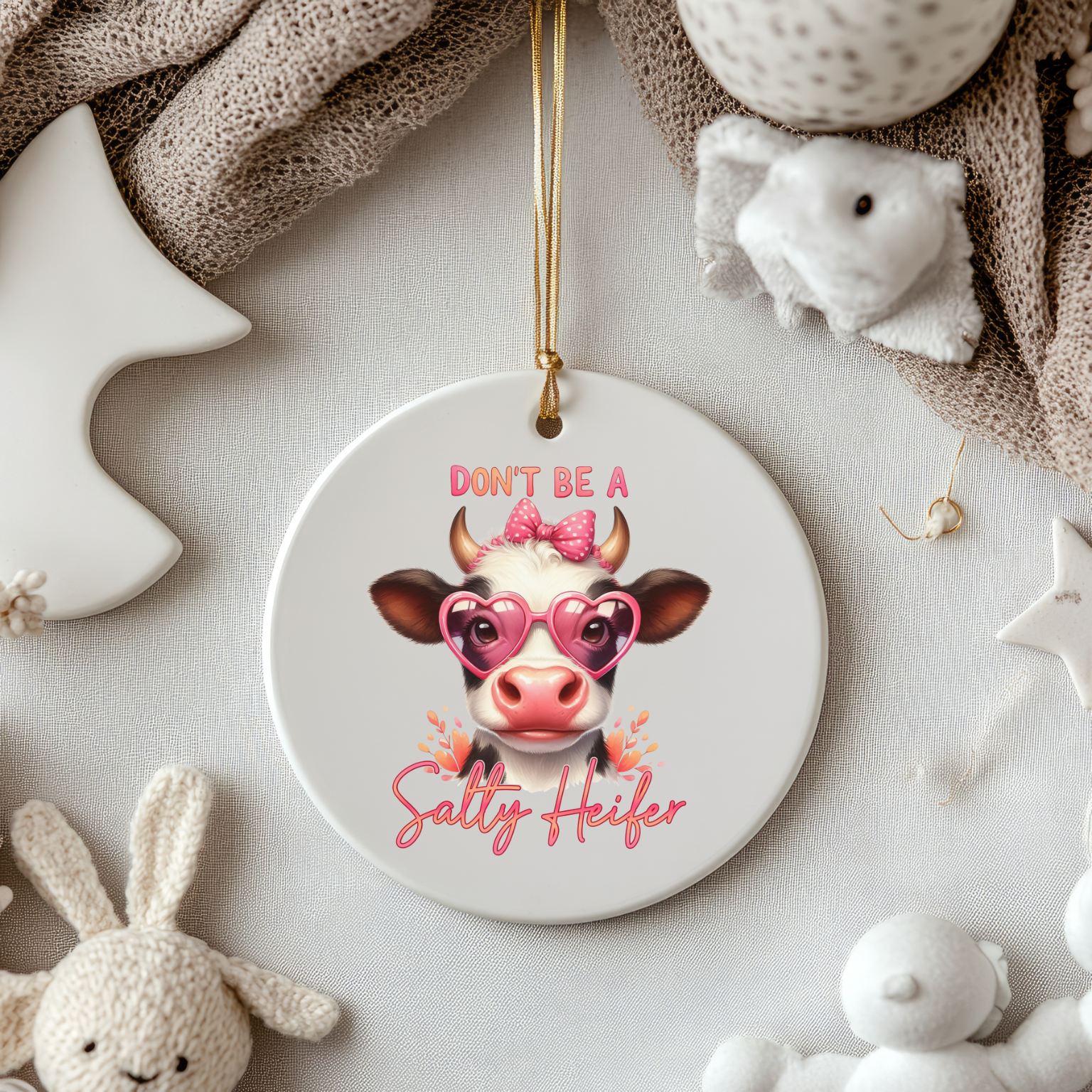 Don’t Be a Salty Heifer - Cute Cow with Pink Heart Glasses Christmas Ornament product thumbnail image