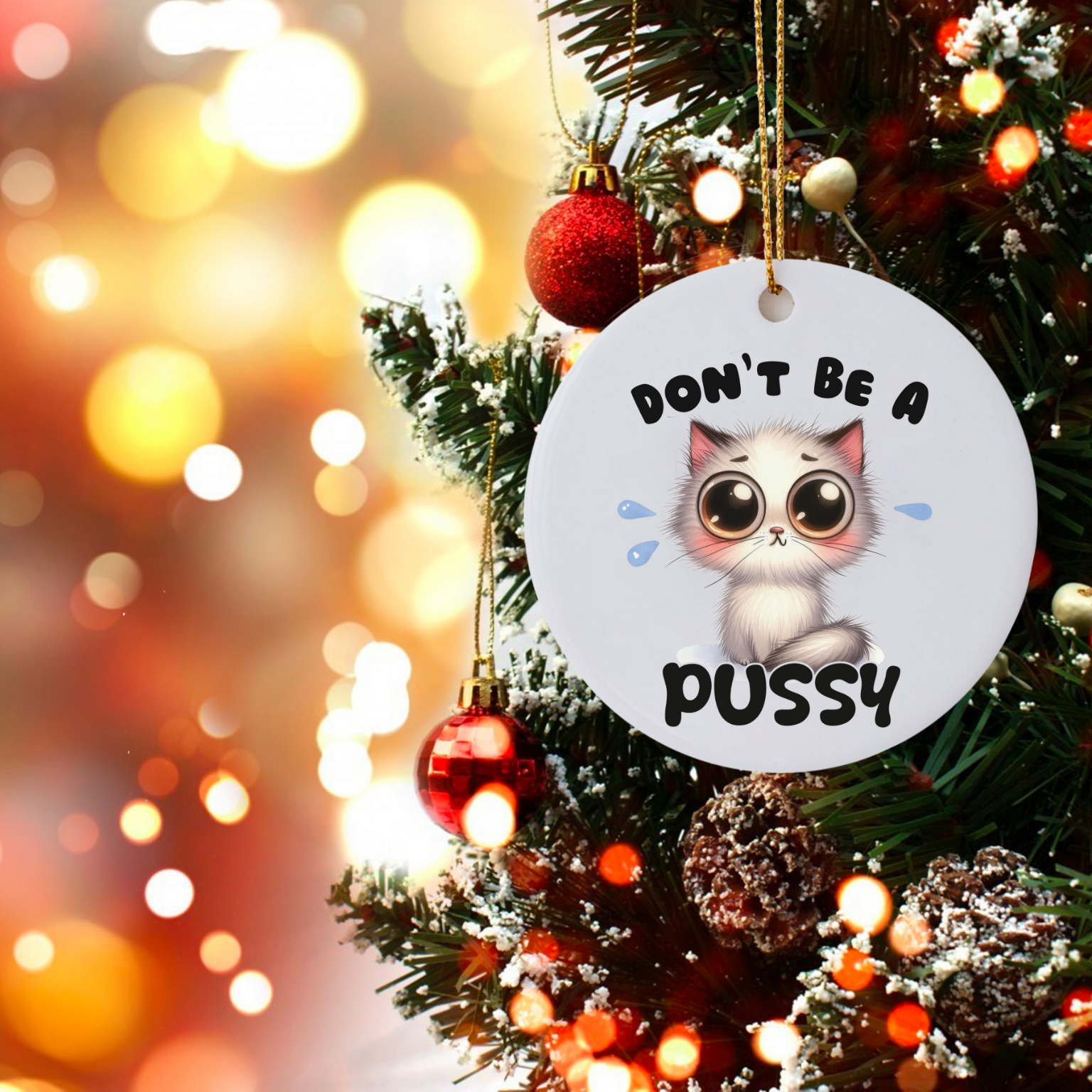 Don’t Be a Pussy - Cute Wide-Eyed Kitten Christmas Ornament product thumbnail image