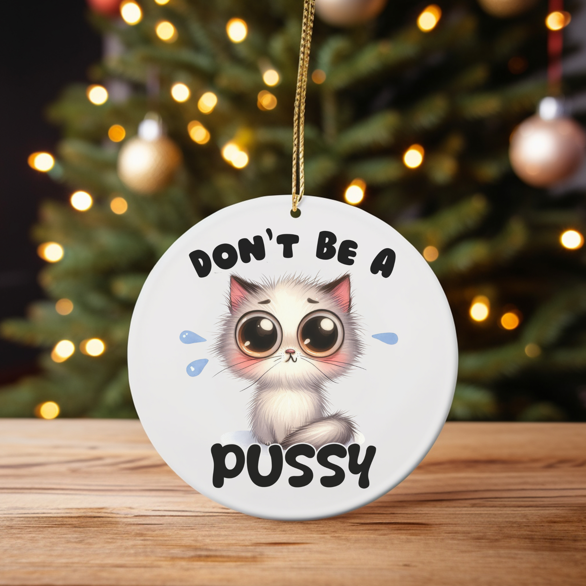 Don’t Be a Pussy - Cute Wide-Eyed Kitten Christmas Ornament product thumbnail image Don’t Be a Pussy - Cute Wide-Eyed Kitten Christmas Ornament product thumbnail image