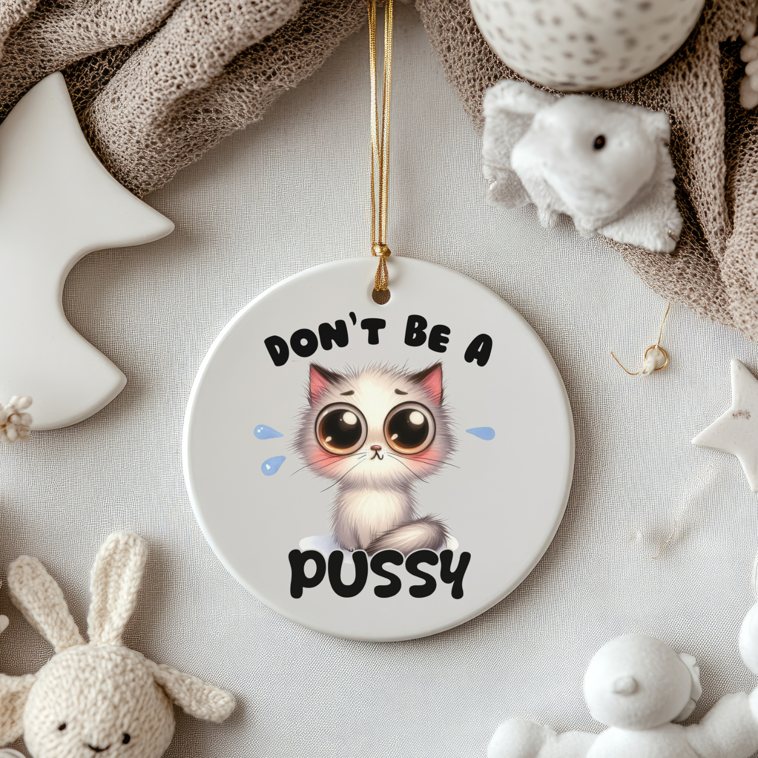 Don’t Be a Pussy - Cute Wide-Eyed Kitten Christmas Ornament product thumbnail image Don’t Be a Pussy - Cute Wide-Eyed Kitten Christmas Ornament product thumbnail image