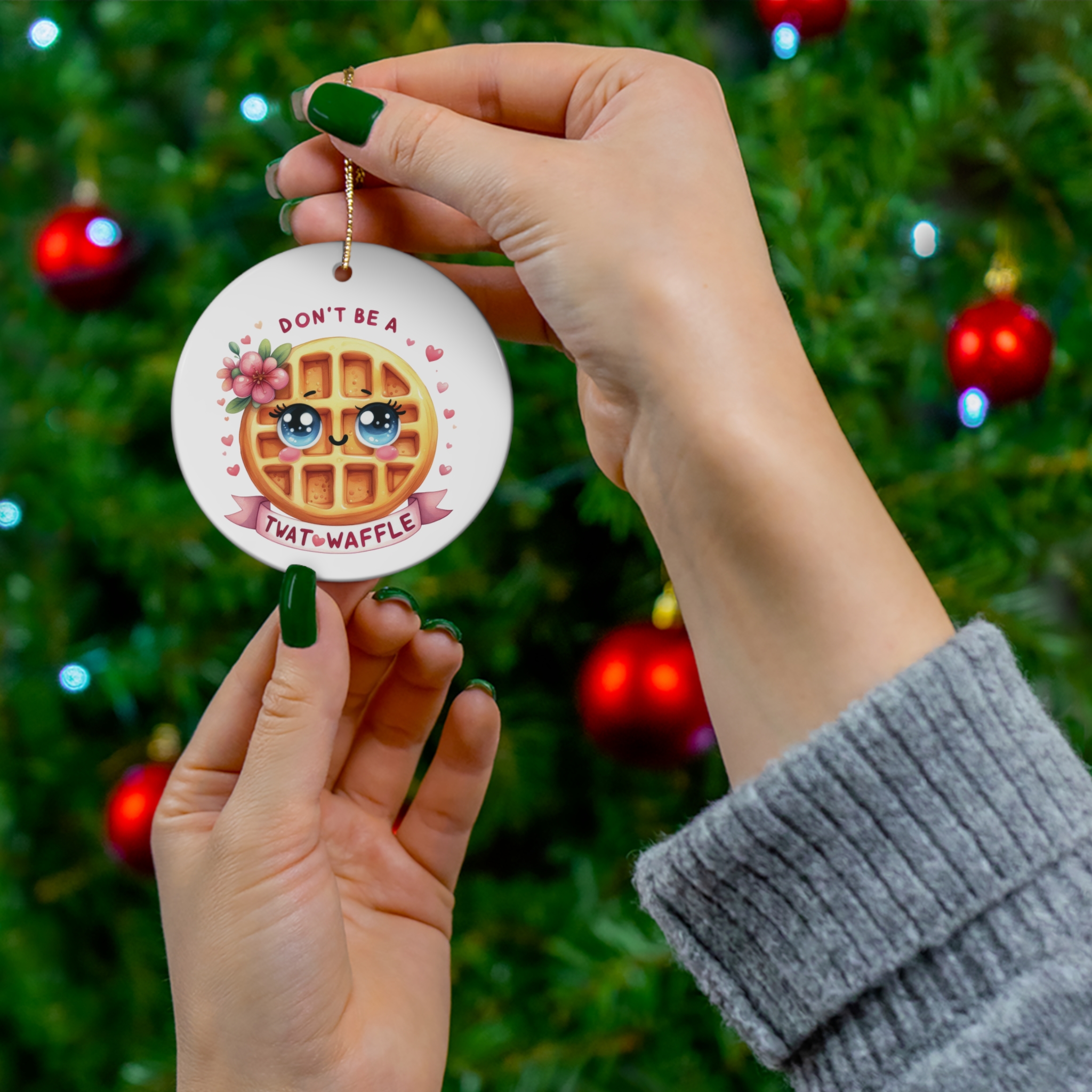Don’t Be a Twatwaffle - Girly Cartoon Waffle Christmas Ornament product thumbnail image Don’t Be a Twatwaffle - Girly Cartoon Waffle Christmas Ornament product thumbnail image
