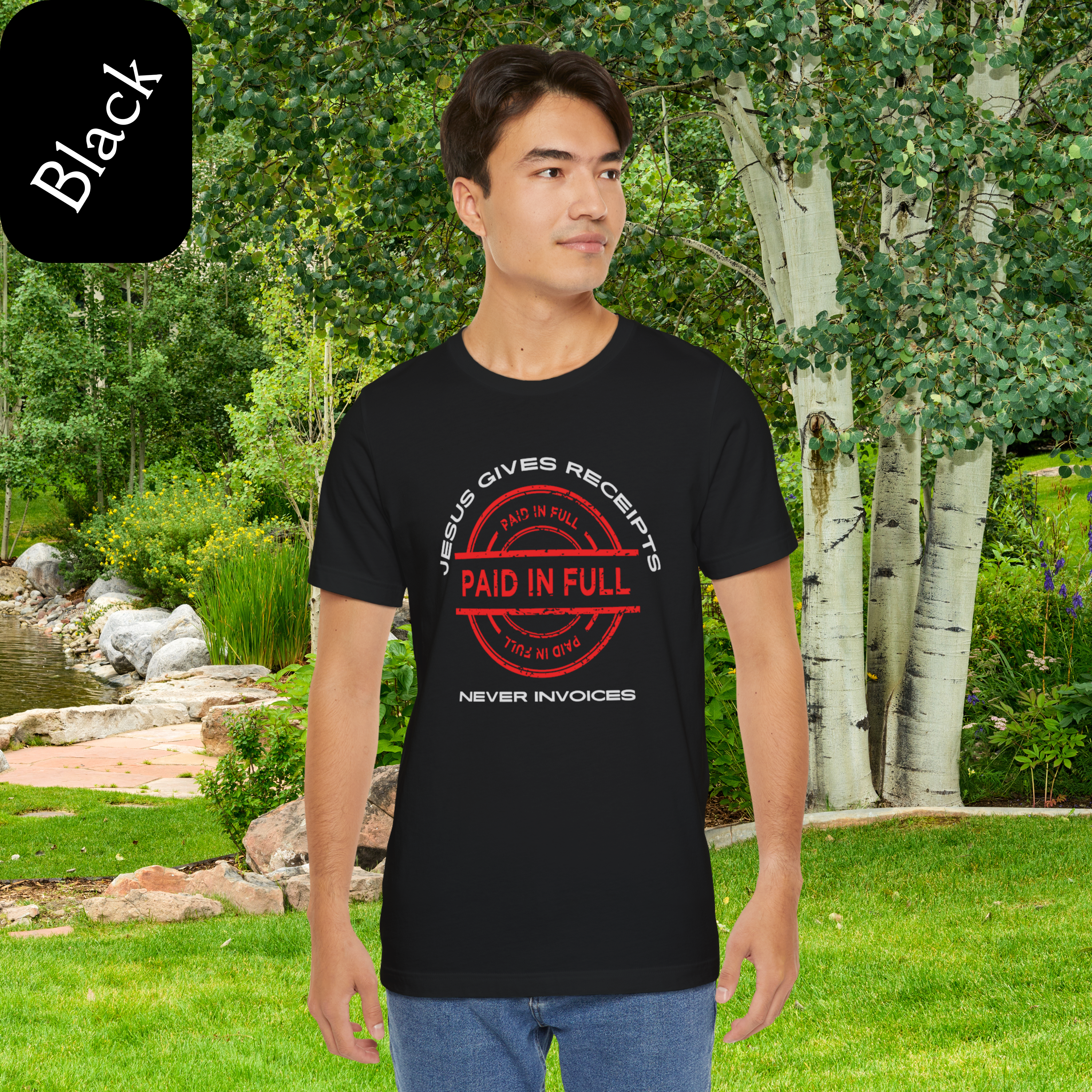 "Jesus Gives Receipts - Never Invoices" Christian T-Shirt, "Paid-in-Full" Graphic Streetwear, Faith-Based Gift product thumbnail image "Jesus Gives Receipts - Never Invoices" Christian T-Shirt, "Paid-in-Full" Graphic Streetwear, Faith-Based Gift product thumbnail image
