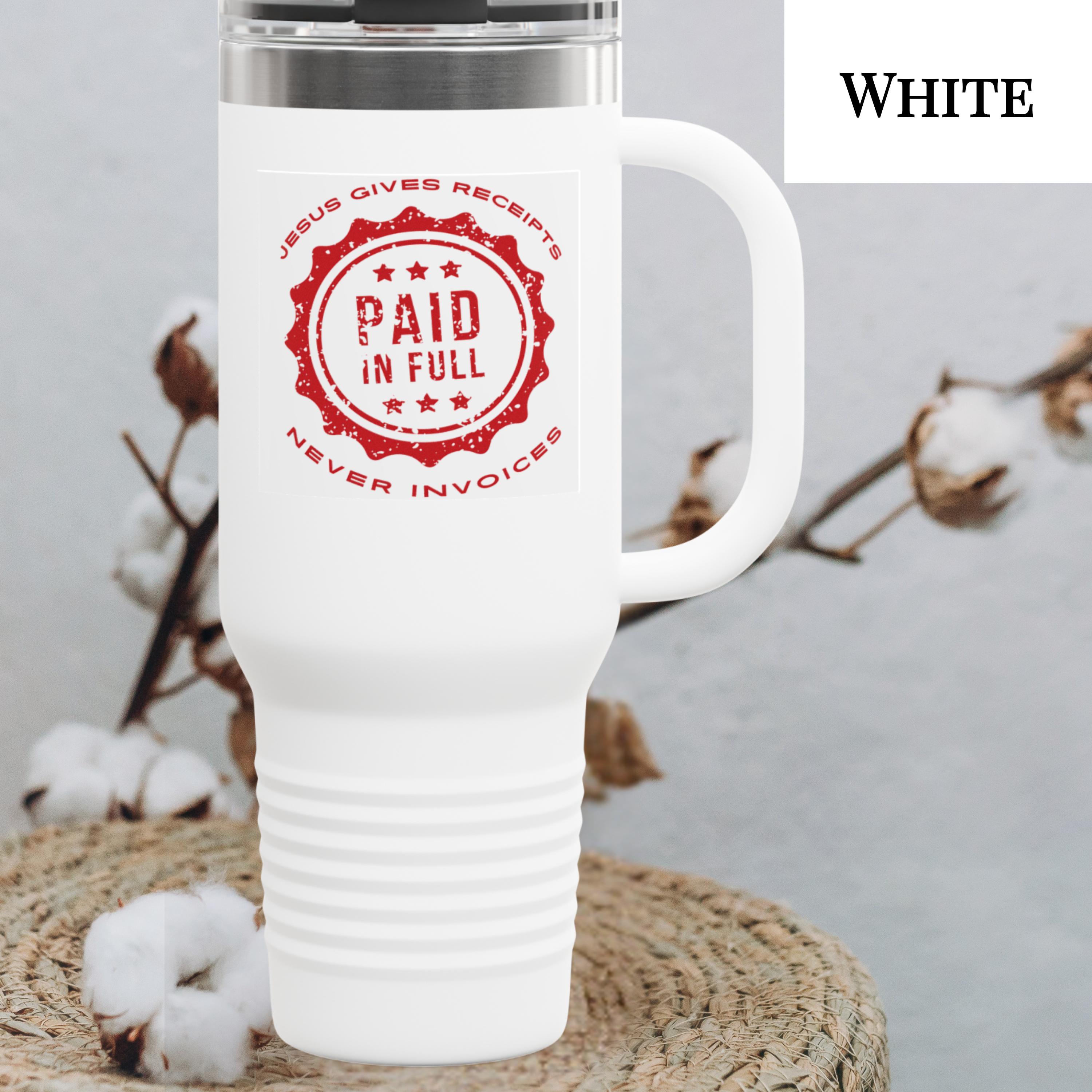 "Jesus Gives Receipts - Never Invoices" 40 oz Travel Mug | "Paid in Full" Insulated Tumbler with Handle & Straw | Christian Faith Drinkware | Inspirational Gift product thumbnail image "Jesus Gives Receipts - Never Invoices" 40 oz Travel Mug | "Paid in Full" Insulated Tumbler with Handle & Straw | Christian Faith Drinkware | Inspirational Gift product thumbnail image