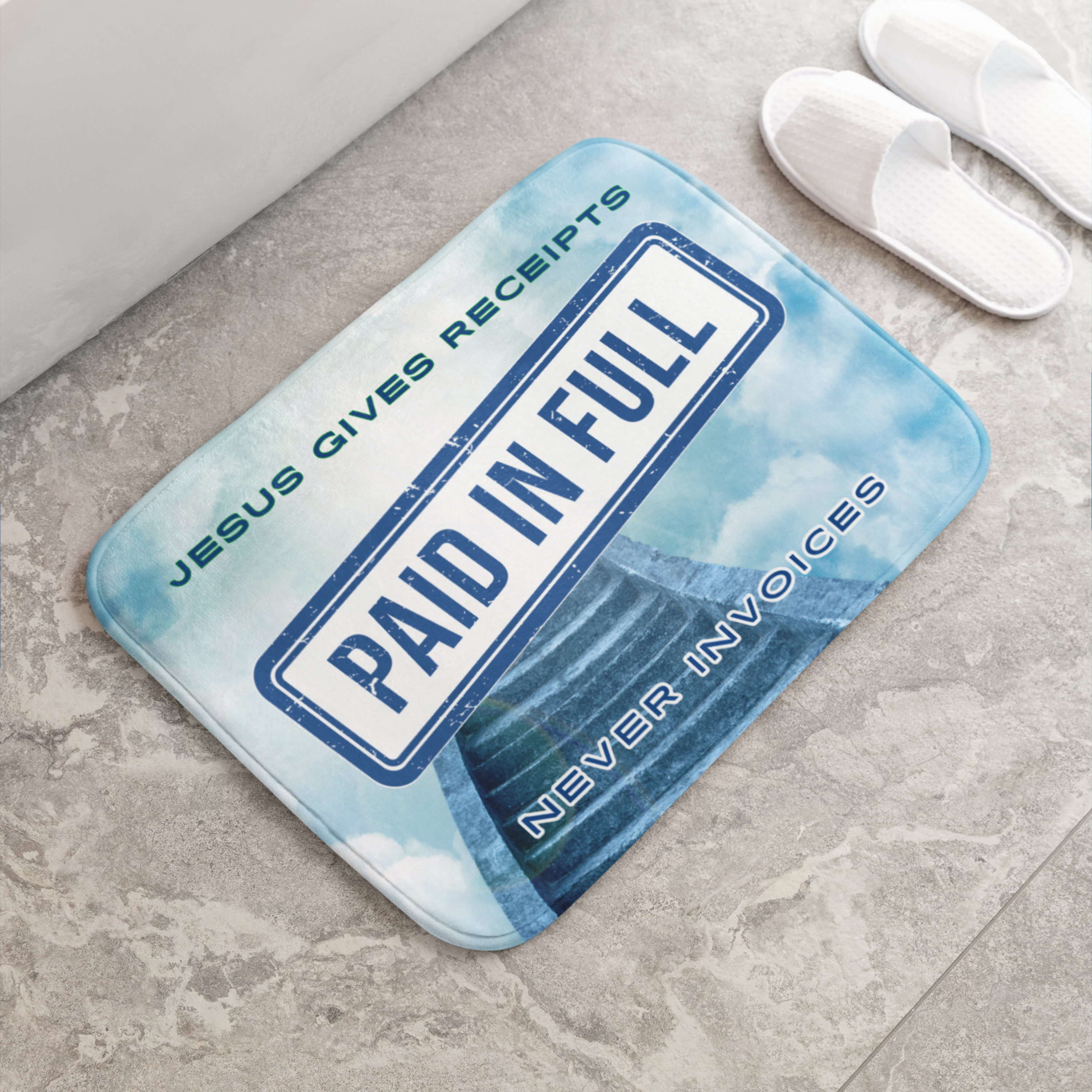 "Jesus Gives Receipts - Never Invoices" Blue 24" x 17" Bath Mat | "Paid in Full" Christian Bathroom Rug | Faith-Based Home Decor | Inspirational Scripture Mat product thumbnail image "Jesus Gives Receipts - Never Invoices" Blue 24" x 17" Bath Mat | "Paid in Full" Christian Bathroom Rug | Faith-Based Home Decor | Inspirational Scripture Mat product thumbnail image