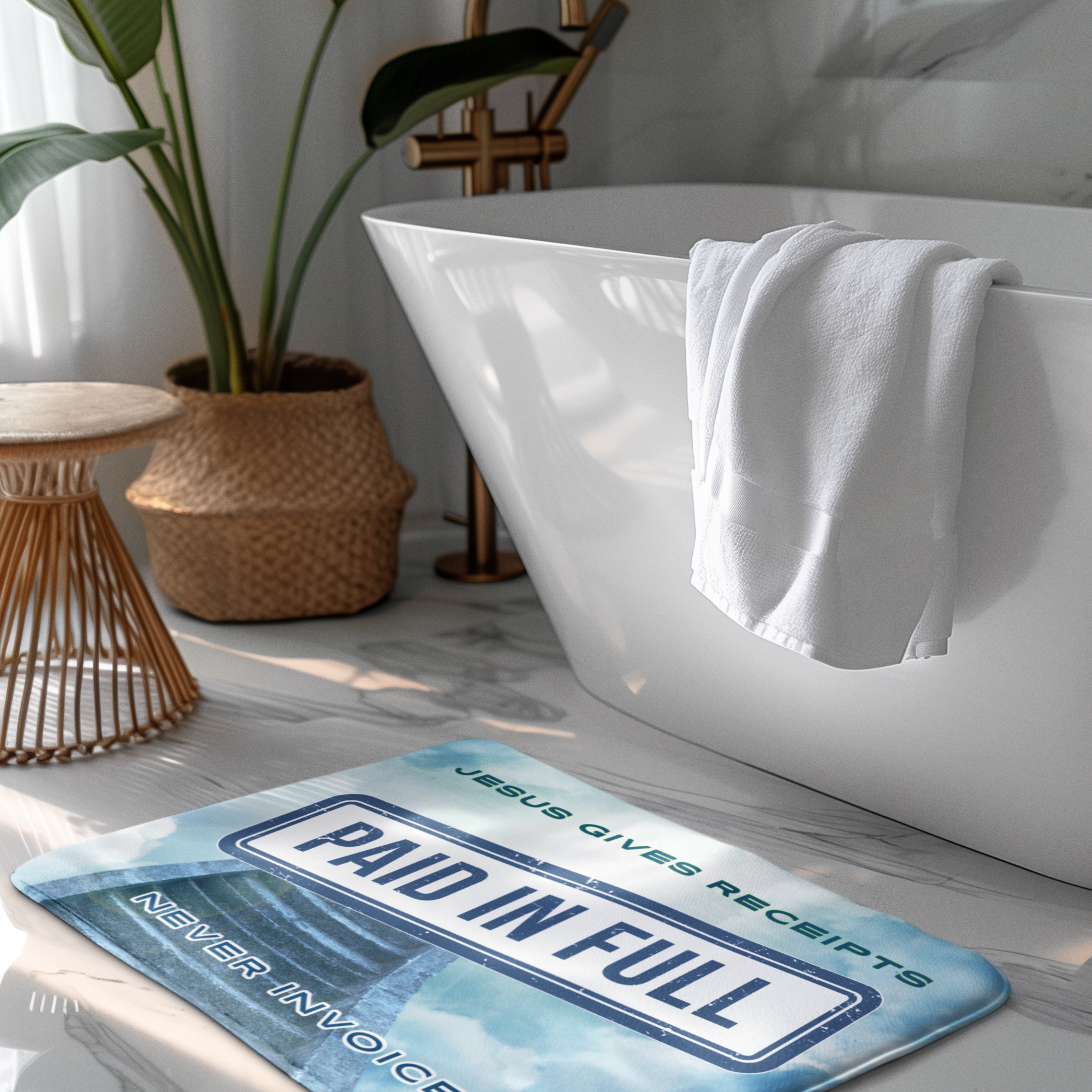"Jesus Gives Receipts - Never Invoices" Blue 24" x 17" Bath Mat | "Paid in Full" Christian Bathroom Rug | Faith-Based Home Decor | Inspirational Scripture Mat product thumbnail image "Jesus Gives Receipts - Never Invoices" Blue 24" x 17" Bath Mat | "Paid in Full" Christian Bathroom Rug | Faith-Based Home Decor | Inspirational Scripture Mat product thumbnail image