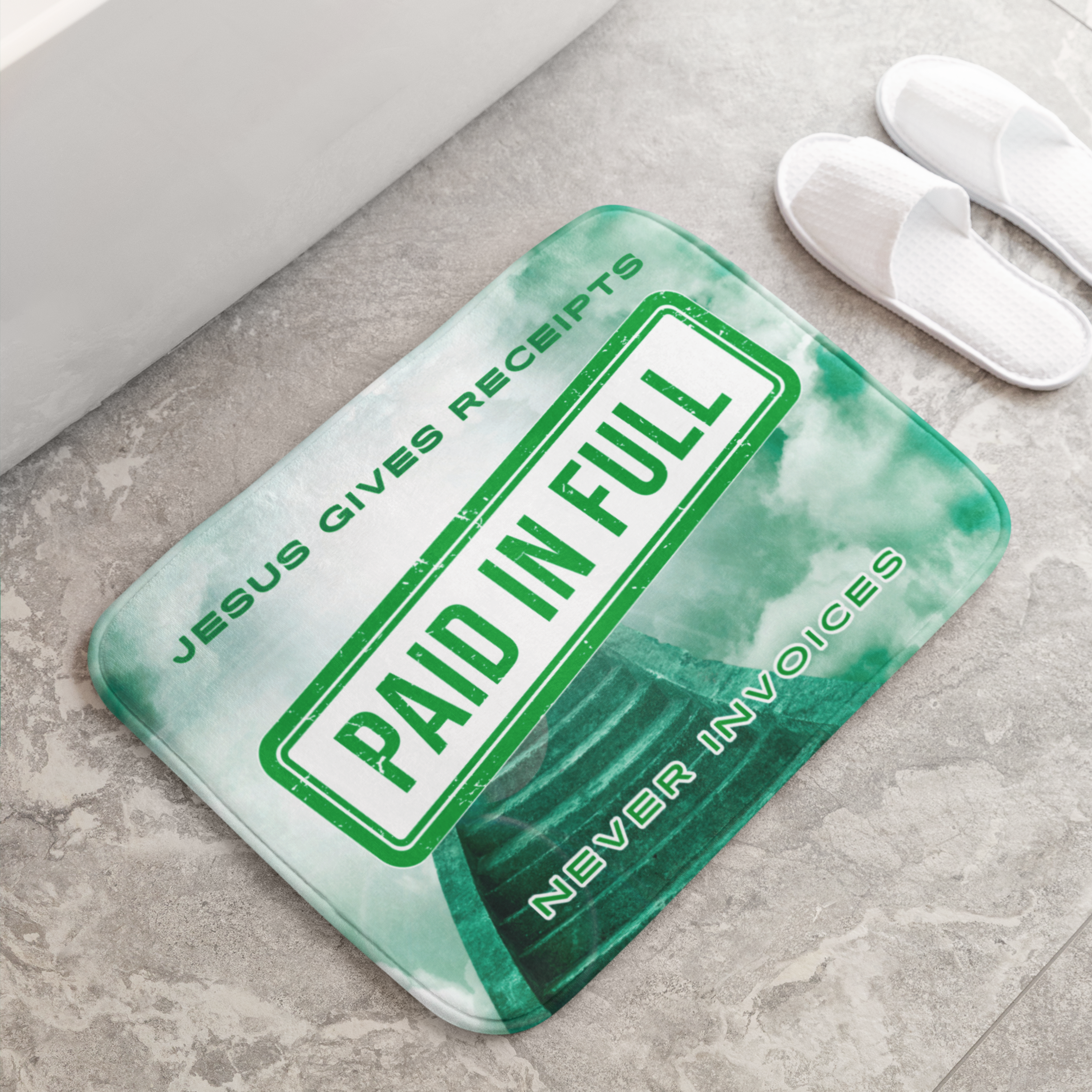 "Jesus Gives Receipts - Never Invoices" Green 24" x 17" Bath Mat | "Paid in Full" Christian Bathroom Rug | Faith-Based Home Decor | Inspirational Scripture Mat product thumbnail image "Jesus Gives Receipts - Never Invoices" Green 24" x 17" Bath Mat | "Paid in Full" Christian Bathroom Rug | Faith-Based Home Decor | Inspirational Scripture Mat product thumbnail image