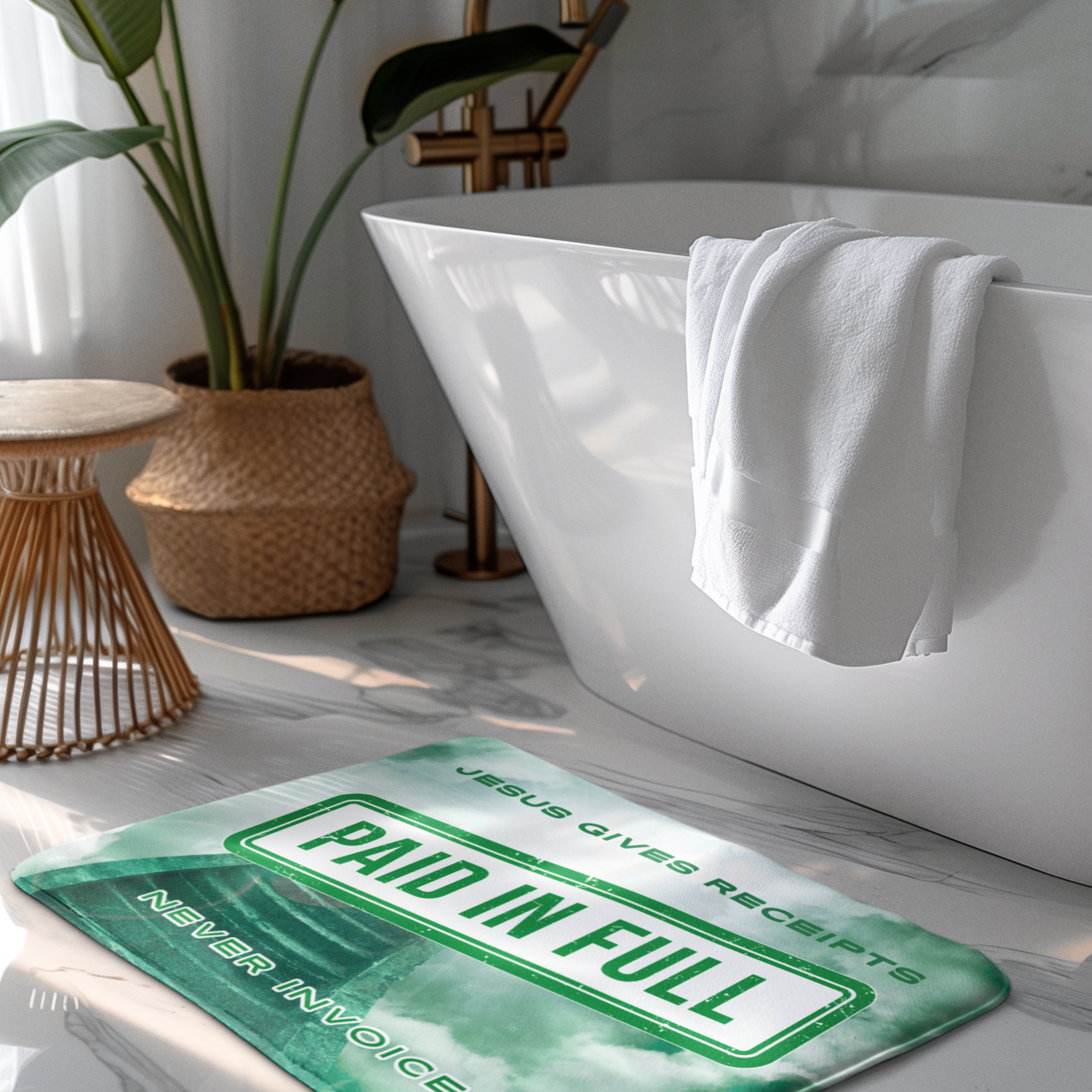 "Jesus Gives Receipts - Never Invoices" Green 24" x 17" Bath Mat | "Paid in Full" Christian Bathroom Rug | Faith-Based Home Decor | Inspirational Scripture Mat product thumbnail image "Jesus Gives Receipts - Never Invoices" Green 24" x 17" Bath Mat | "Paid in Full" Christian Bathroom Rug | Faith-Based Home Decor | Inspirational Scripture Mat product thumbnail image
