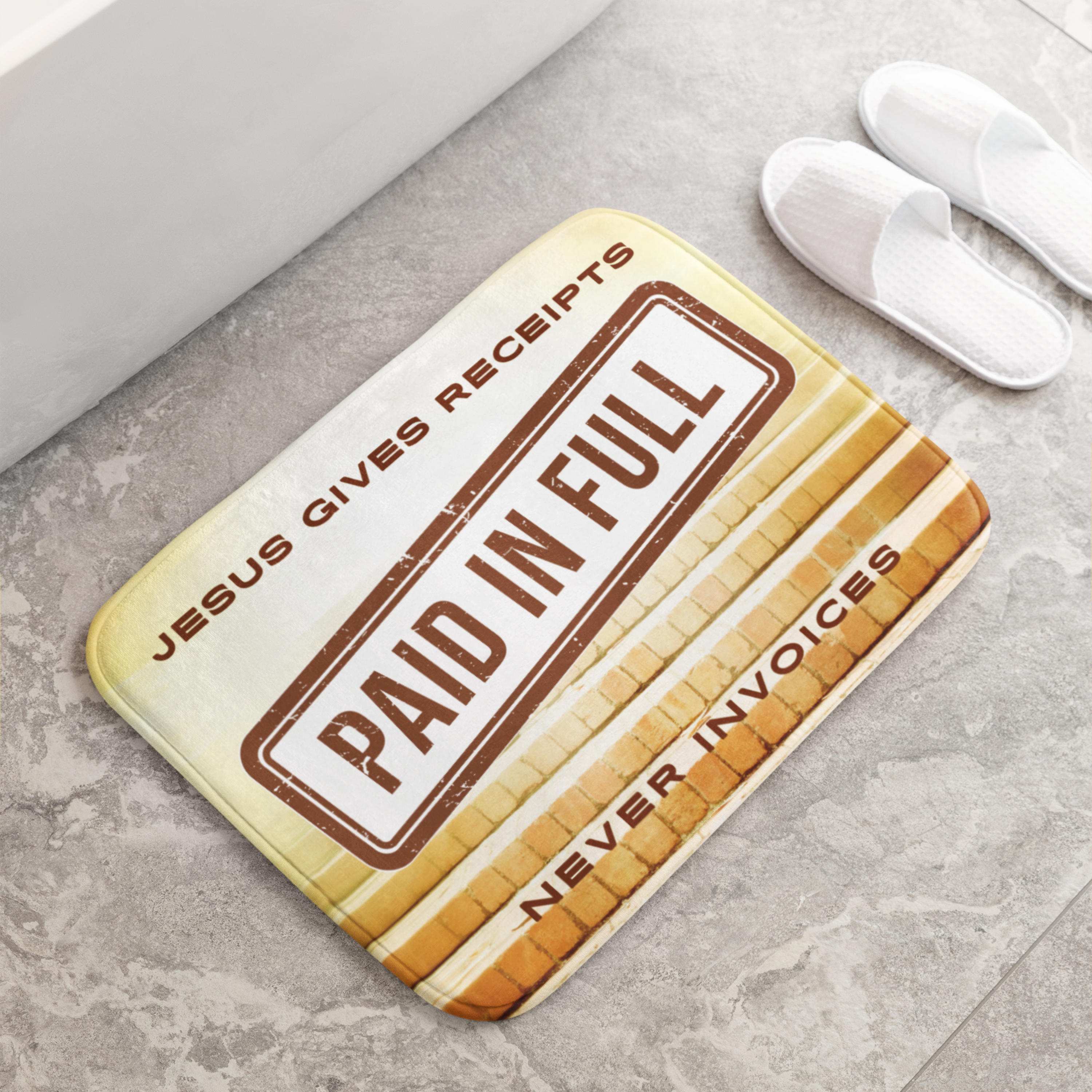 "Jesus Gives Receipts - Never Invoices" Brown 24" x 17" Bath Mat | "Paid in Full" Christian Bathroom Rug | Faith-Based Home Decor | Inspirational Scripture Mat product thumbnail image "Jesus Gives Receipts - Never Invoices" Brown 24" x 17" Bath Mat | "Paid in Full" Christian Bathroom Rug | Faith-Based Home Decor | Inspirational Scripture Mat product thumbnail image