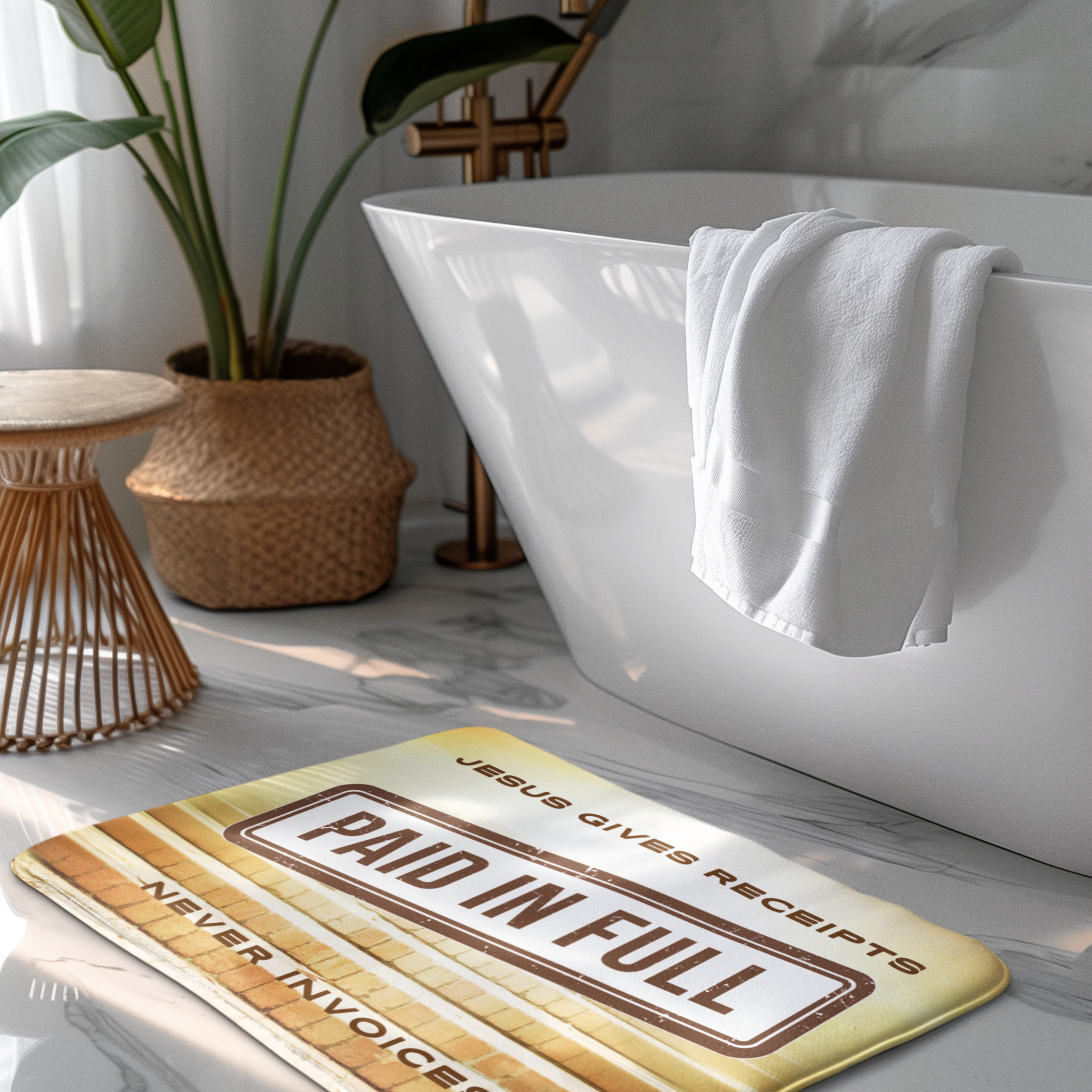 "Jesus Gives Receipts - Never Invoices" Brown  24" x 17" Bath Mat | "Paid in Full" Christian Bathroom Rug | Faith-Based Home Decor | Inspirational Scripture Mat