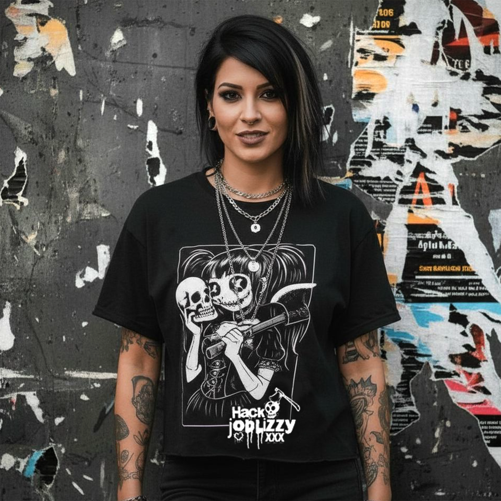 Women’s Poly Cotton Crop | Hack Job Lizzy Signature | Punk Goth Halloween Shirt product thumbnail image Women’s Poly Cotton Crop | Hack Job Lizzy Signature | Punk Goth Halloween Shirt product thumbnail image