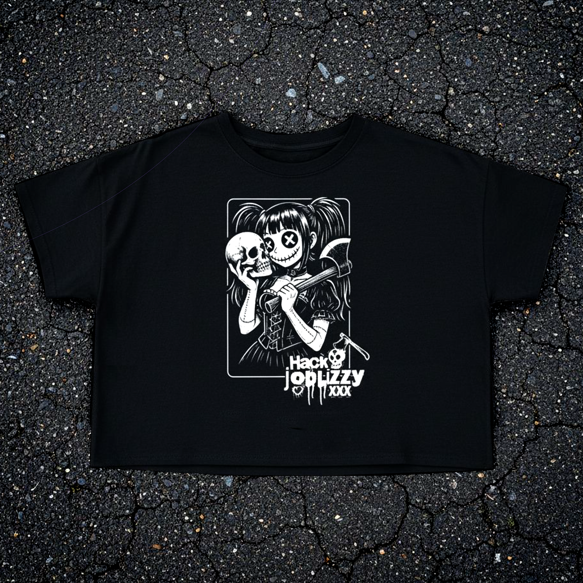 Women’s Poly Cotton Crop | Hack Job Lizzy Signature | Punk Goth Halloween Shirt product thumbnail image Women’s Poly Cotton Crop | Hack Job Lizzy Signature | Punk Goth Halloween Shirt product thumbnail image